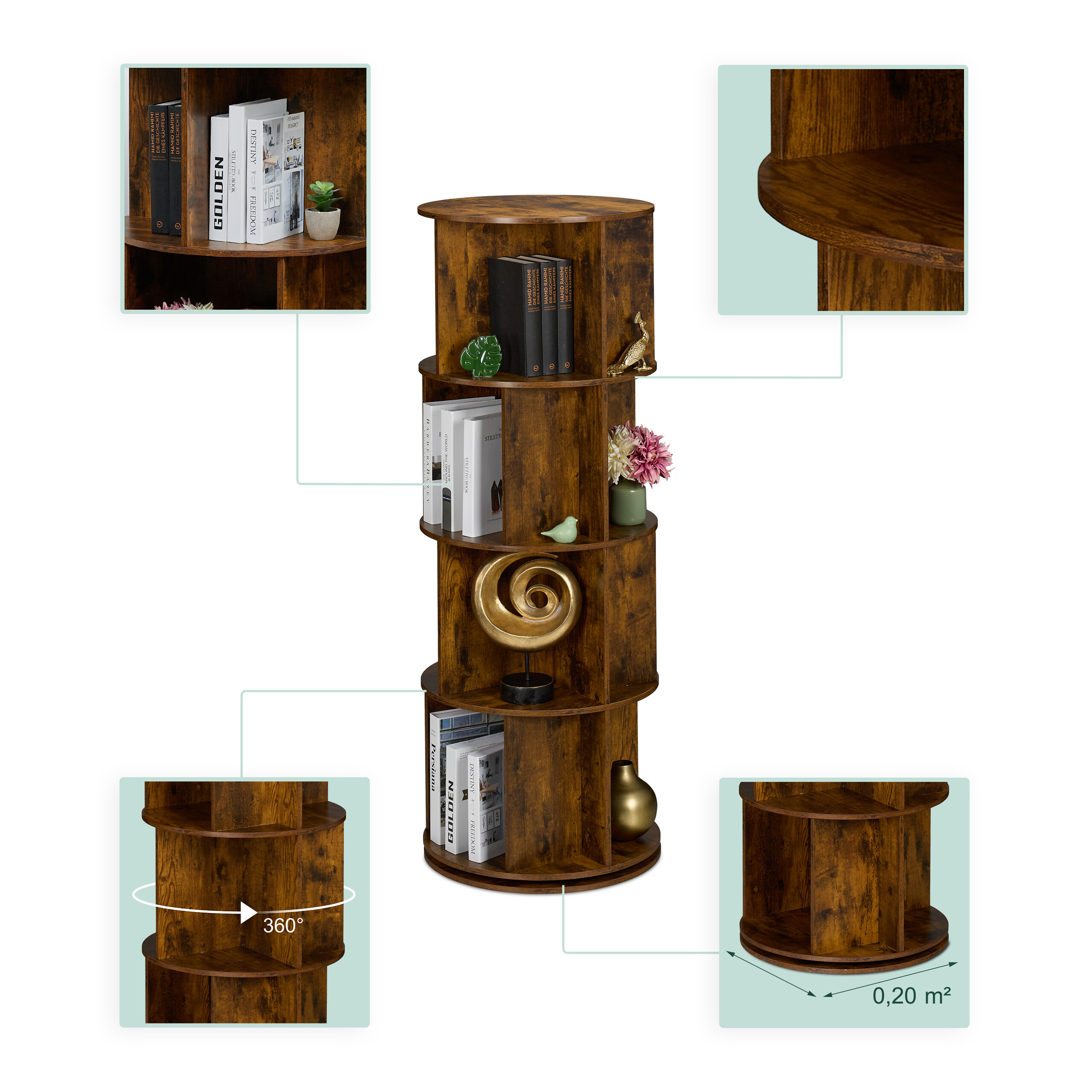 Ein rundes, vierstöckiges braunes Holzregal mit Büchern und Dekoration, um 360 Grad drehbar.