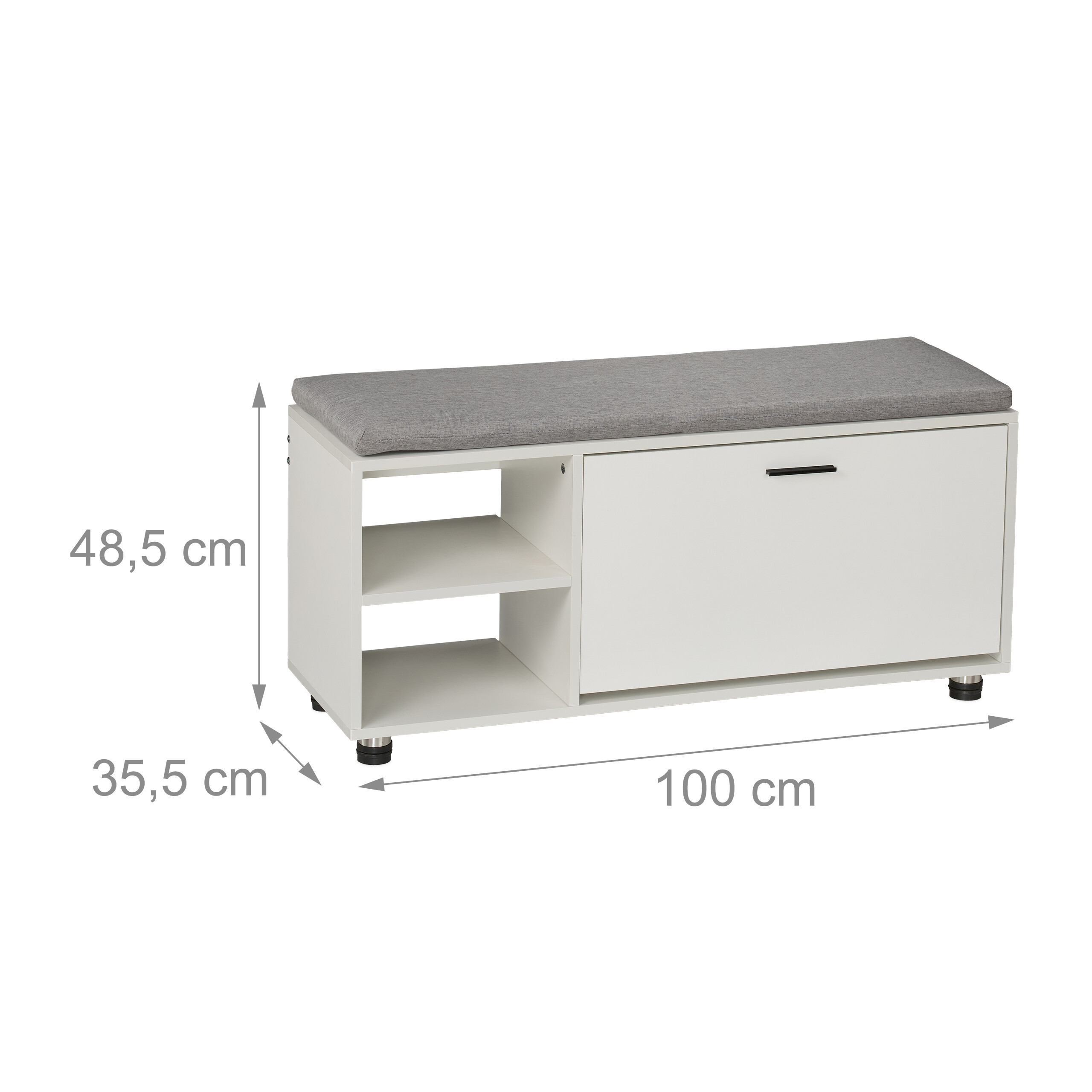 Weisse Sitzbank mit grauen Kissen und Massangaben von 100x35,5x48,5 cm.
