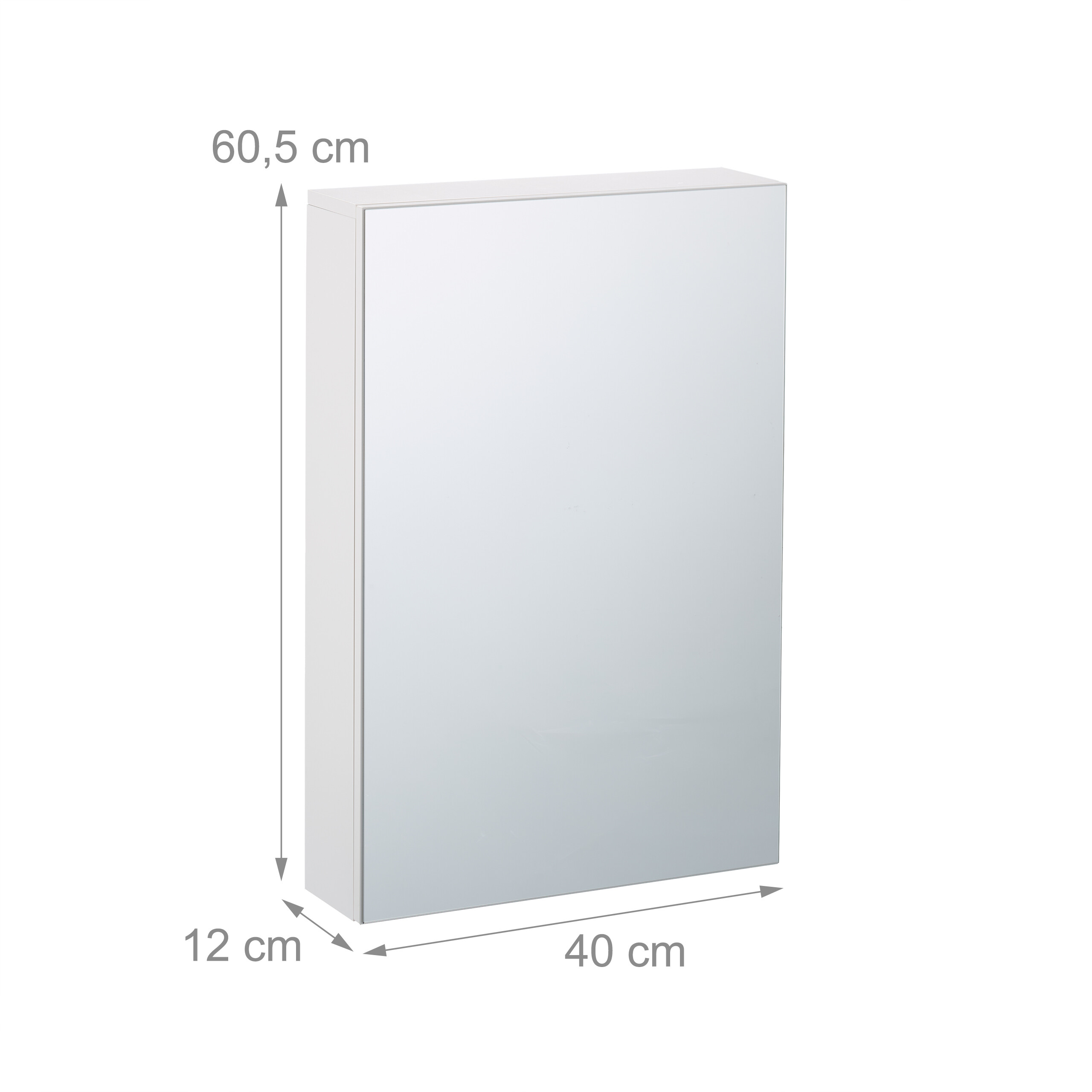 Wandschrank mit Spiegel und Bemaßung von 60,5 cm Höhe, 40 cm Breite und 12 cm Tiefe.