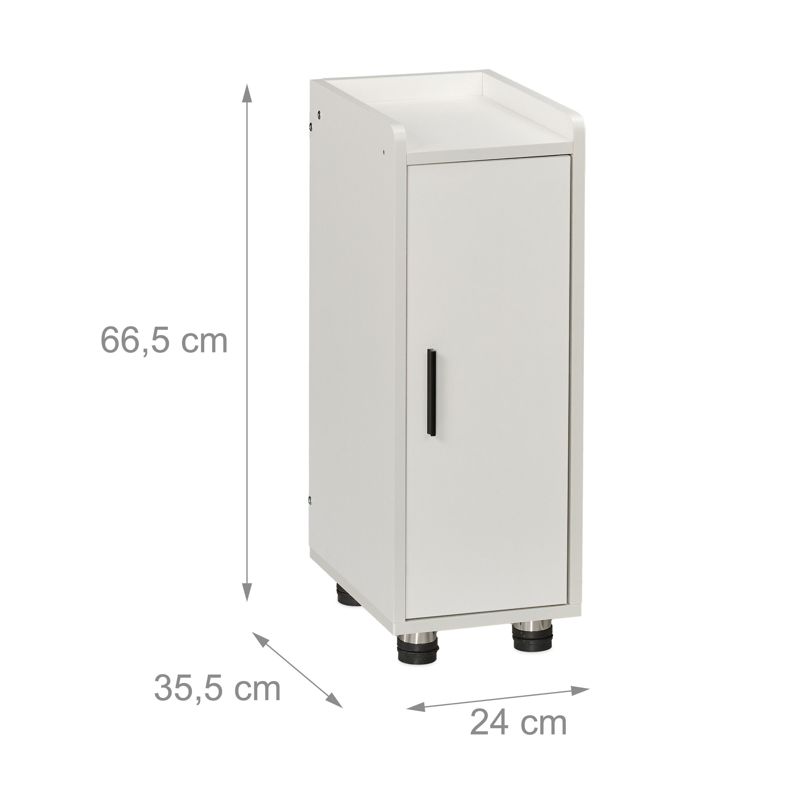 Schmaler, weißer Badrollschrank mit schwarzem Griff und Maßen: 66,5 cm Höhe, 24 cm Breite, 35,5 cm Tiefe.