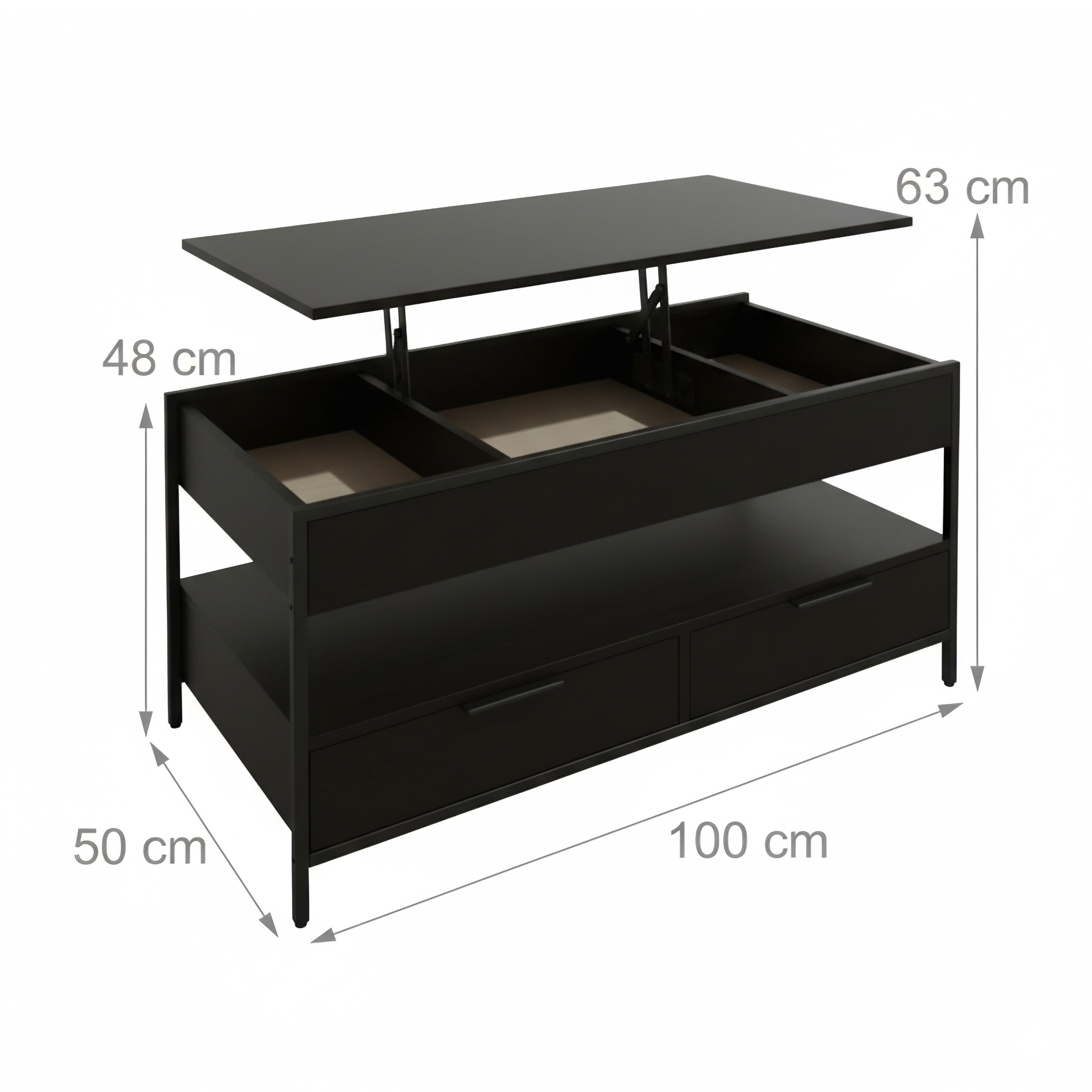 Schwarzer Couchtisch mit Hubplatte, zwei Schubladen unten und Maßen von 100x50x48/63 cm auf weißem Hintergrund.