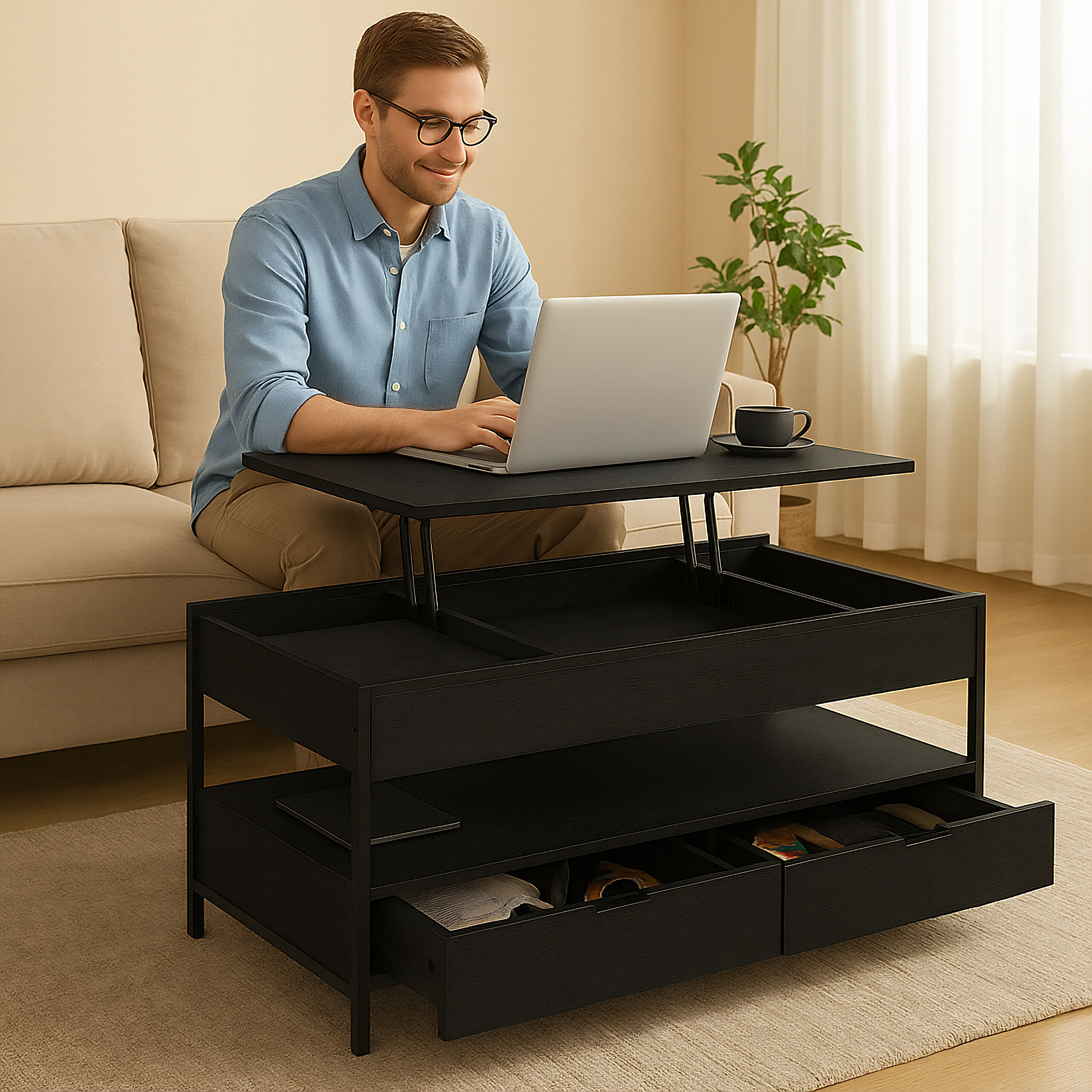 Ein Mann sitzt auf einem Sofa und arbeitet an einem Laptop auf einem schwarzen Couchtisch mit Hebefunktion.