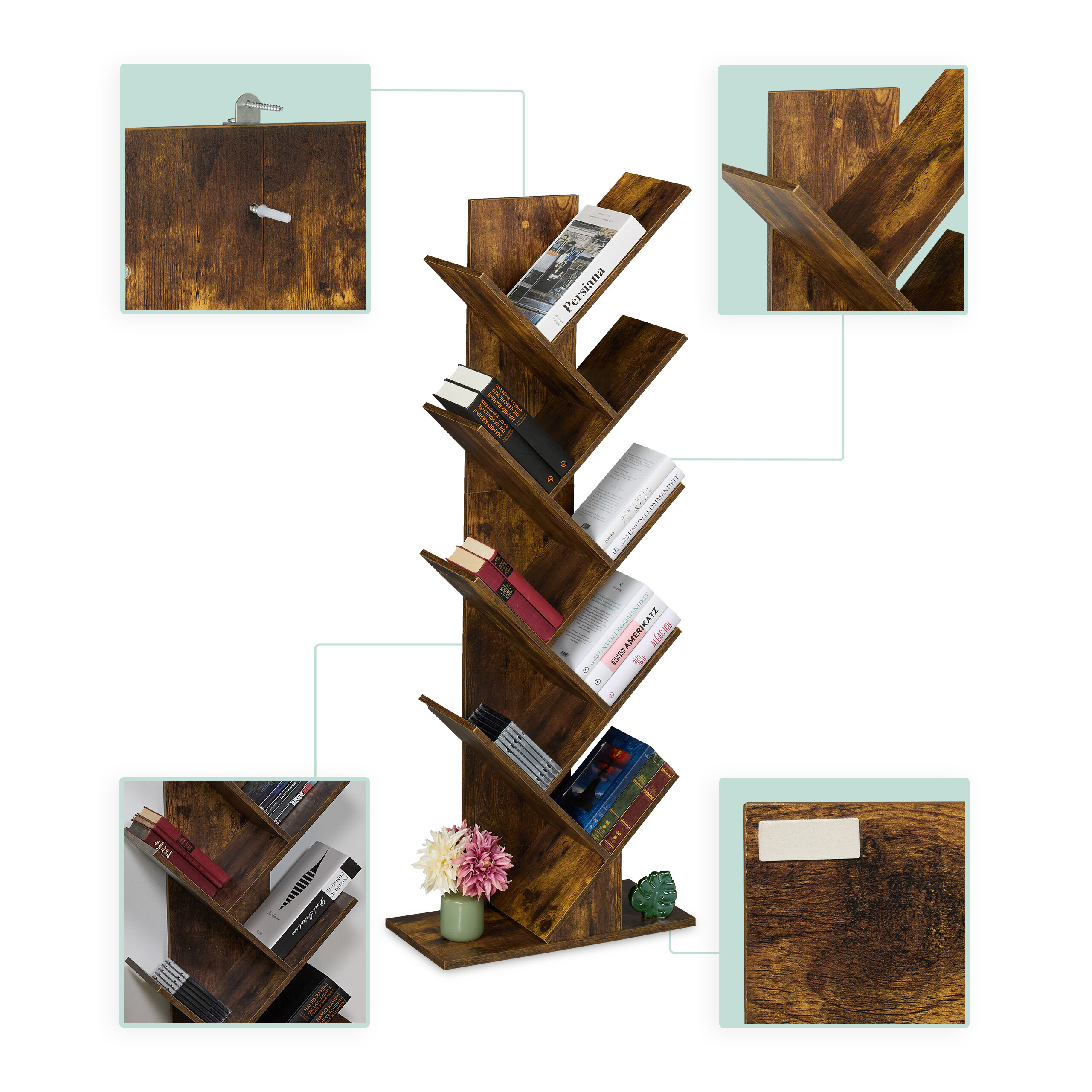 Rustikales, baumförmiges Holzregal mit Büchern gefüllt und vier Detailaufnahmen.