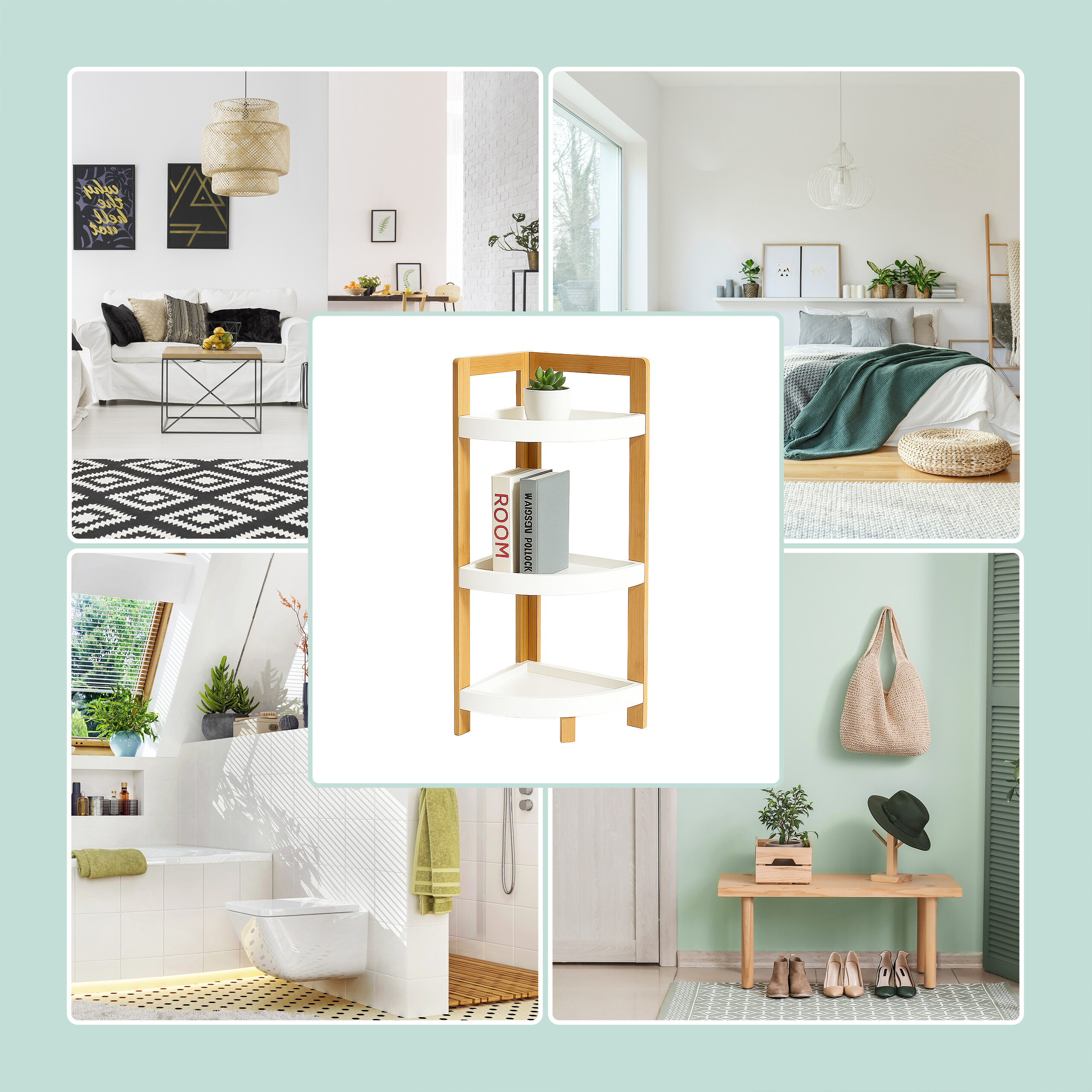 Eine Collage mit einem dreistöckigen Eckregal in der Mitte, umgeben von Fotos heller, moderner Zimmer.