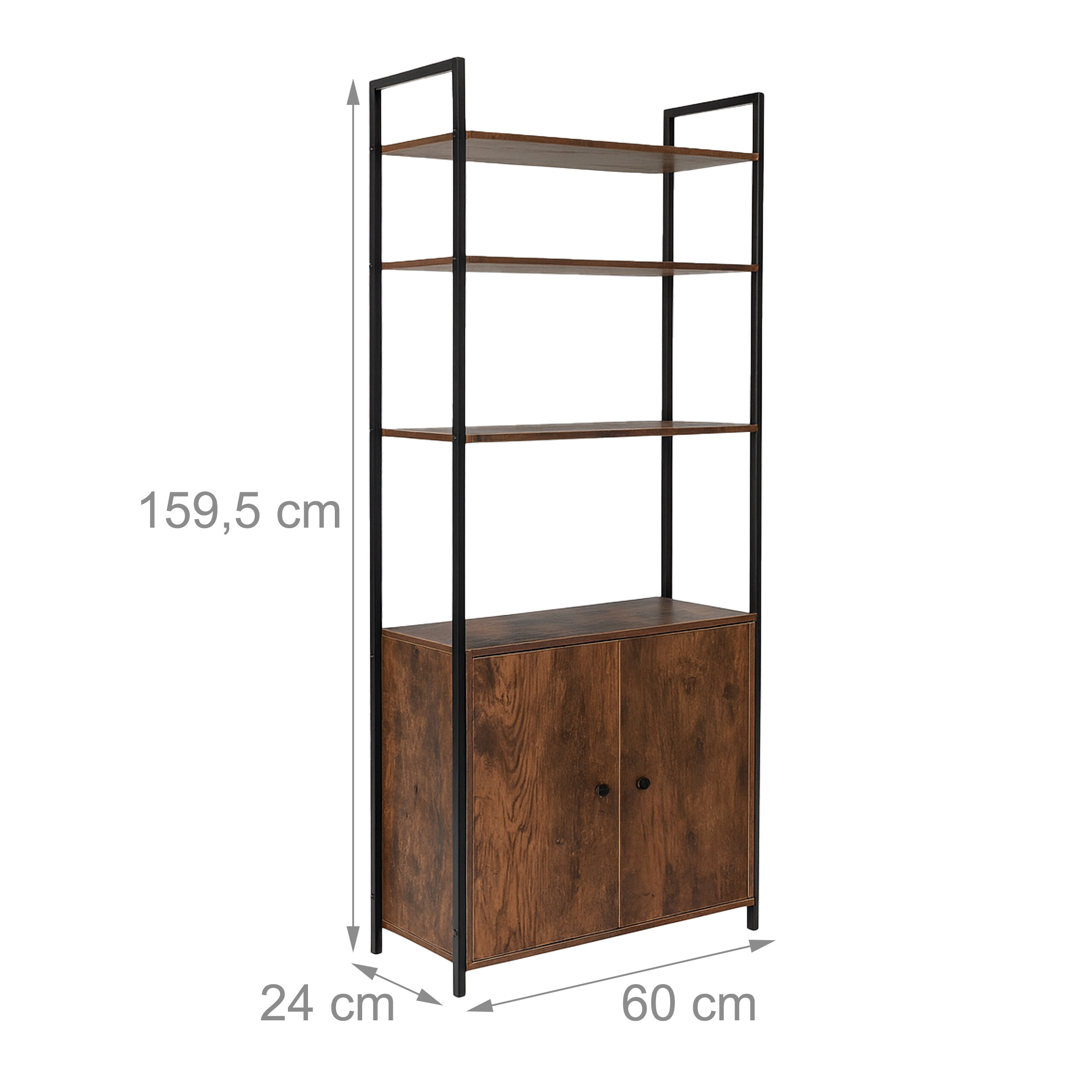 Industriedesign-Bücherregal mit Holzböden und unterem Schrank, Höhe 159,5 cm, Breite 60 cm, Tiefe 24 cm.