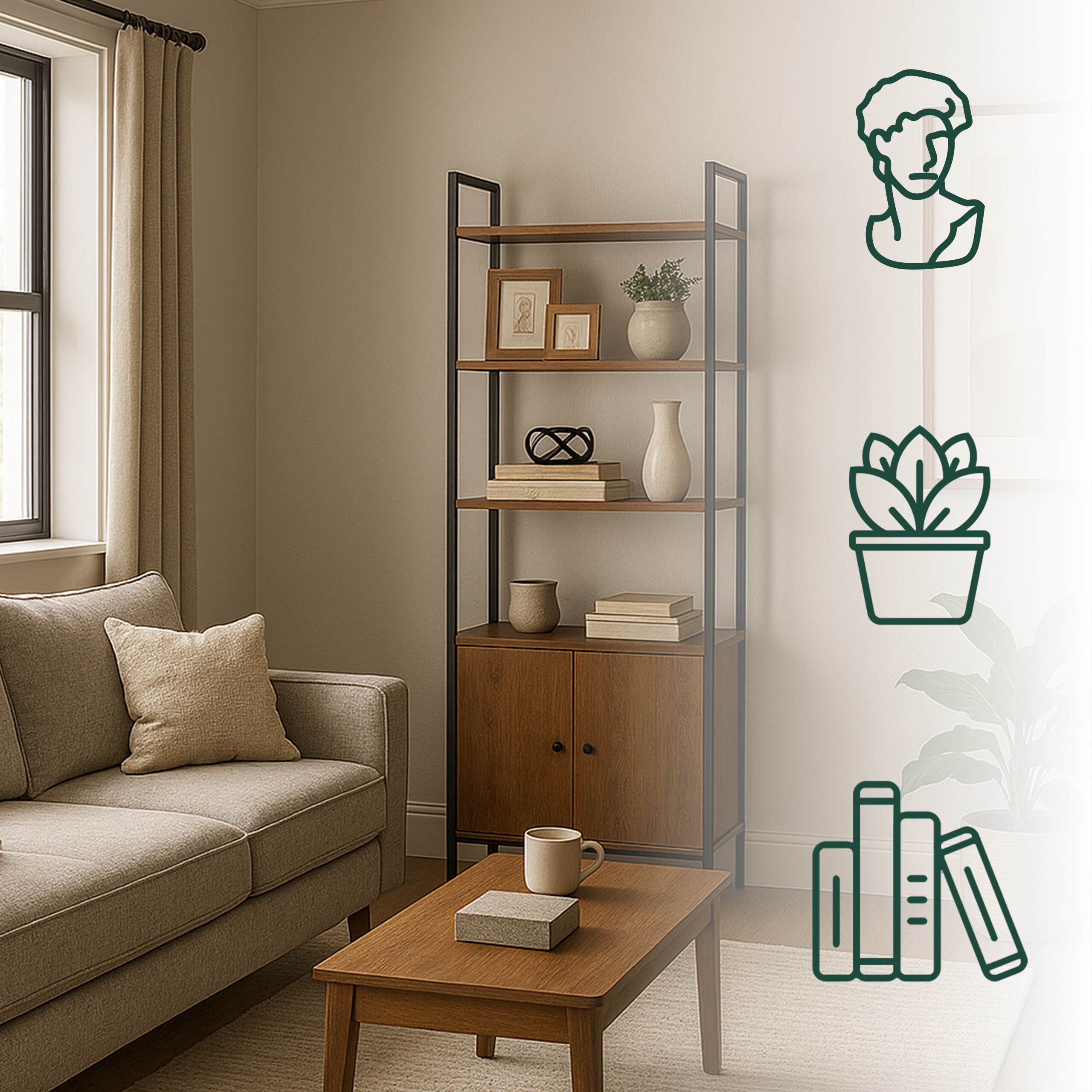 Ein gemütliches Wohnzimmer mit beigem Sofa, Holztisch, Regal und drei minimalistischen grünen Symbolen rechts.