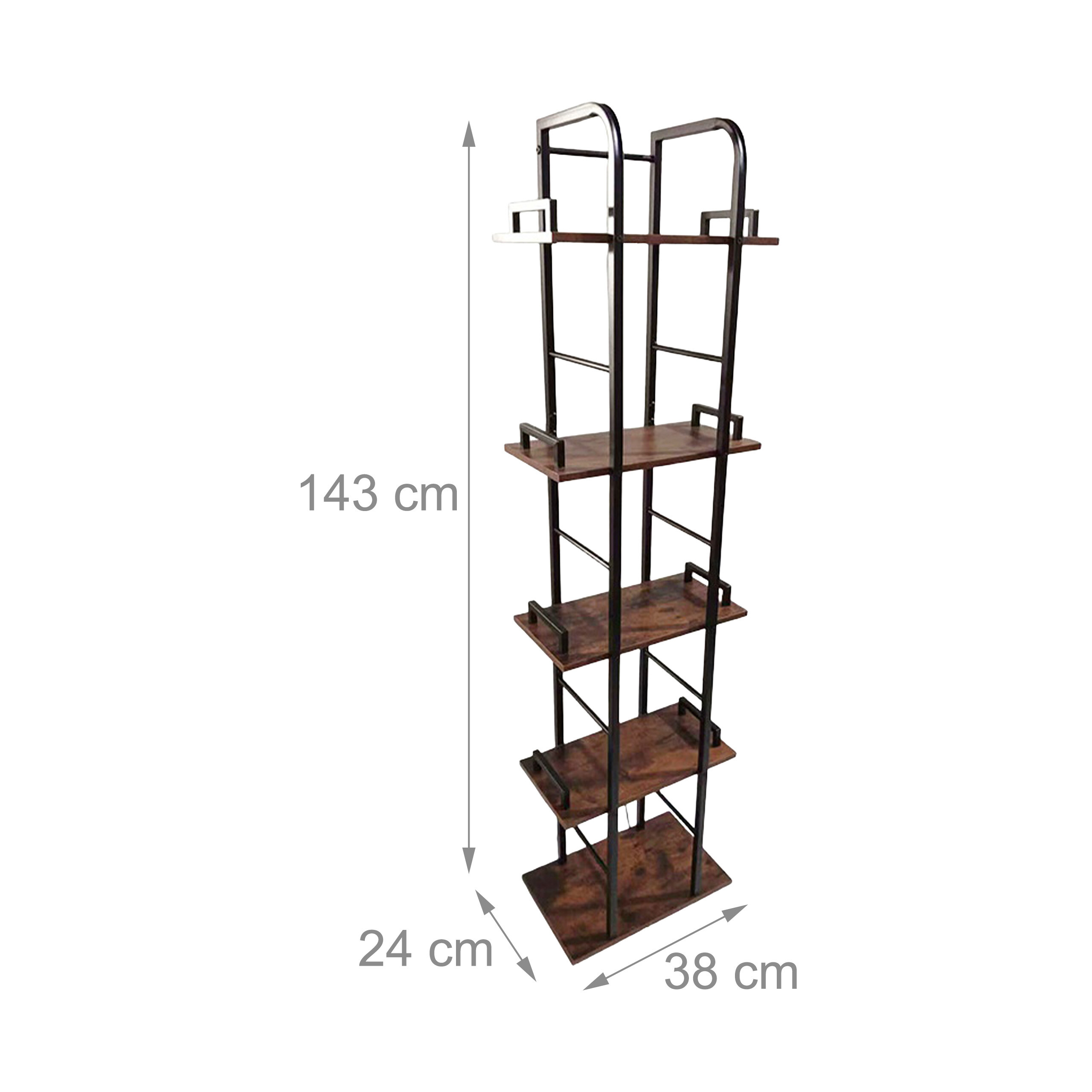 Ein schmales, fünfstöckiges Regal aus Holz und Metall, 143 cm hoch, 38 cm breit und 24 cm tief.