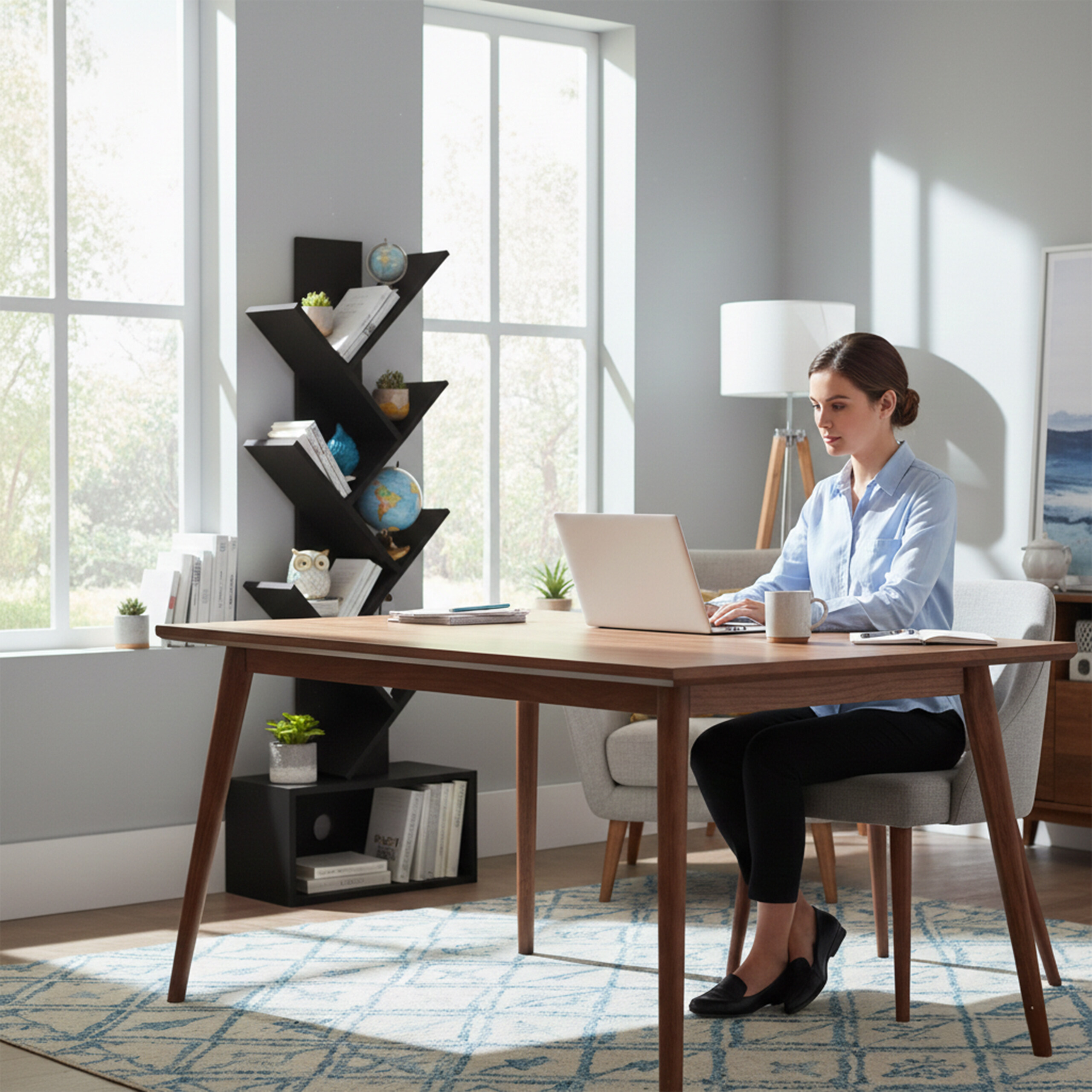Eine Frau in einem blauen Hemd arbeitet in einem hellen, modernen Raum an einem Holztisch mit Laptop.