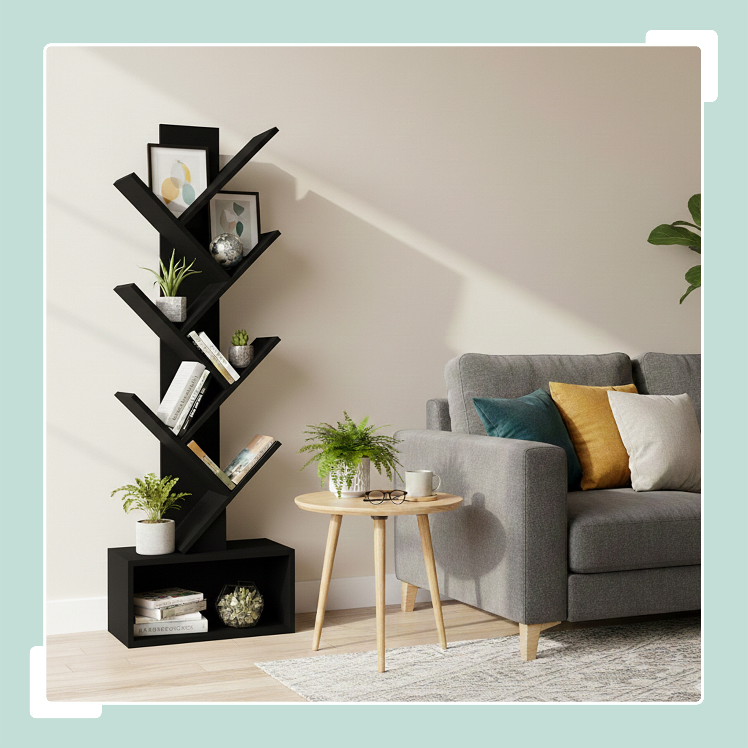 Wohnzimmer mit schwarzem Baumregal, grauem Sofa, Holztisch und bunten Kissen vor beiger Wand.