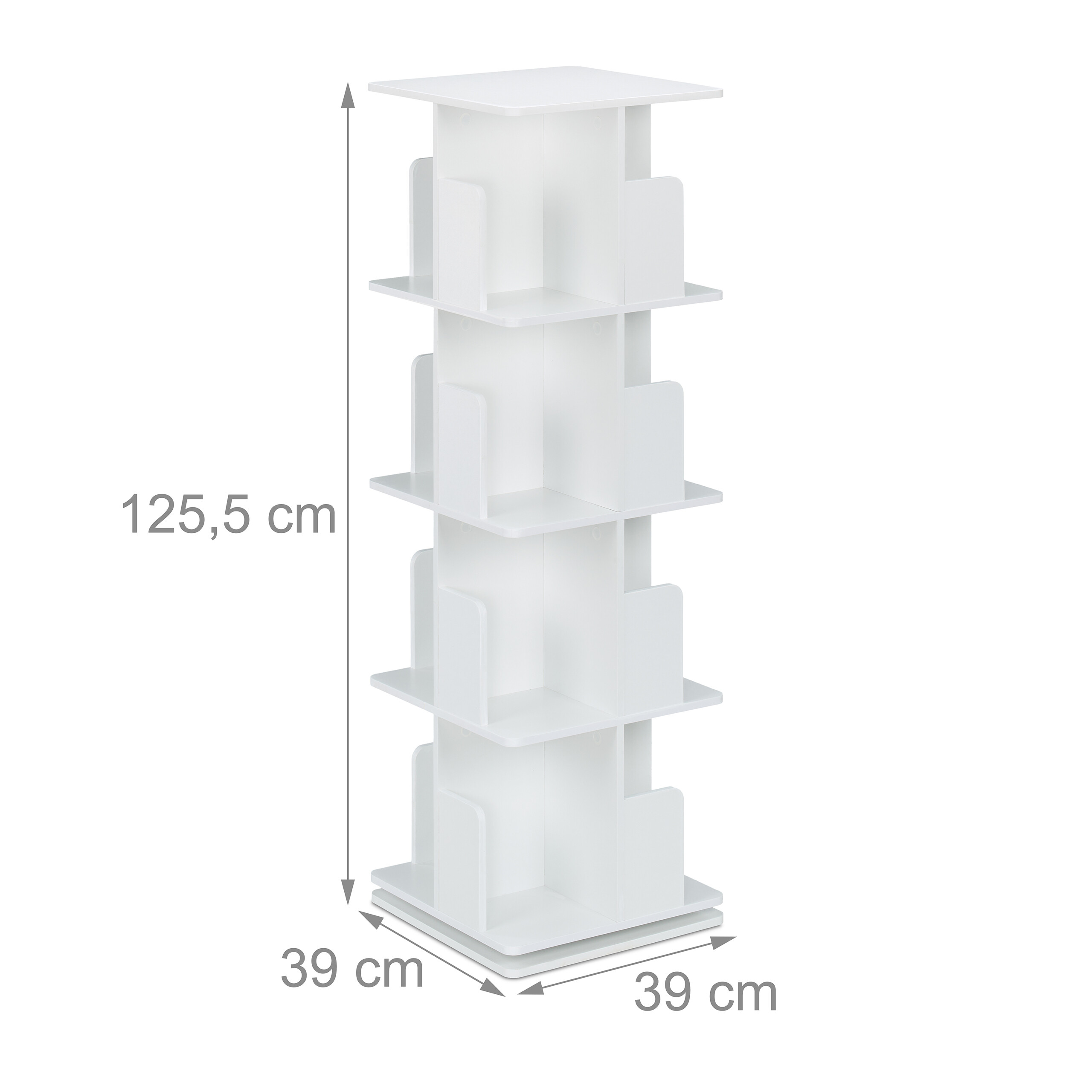 Weißes, vierstöckiges Drehregal mit Abmessungen von 125,5 cm Höhe sowie je 39 cm Breite und Tiefe auf weißem Grund.