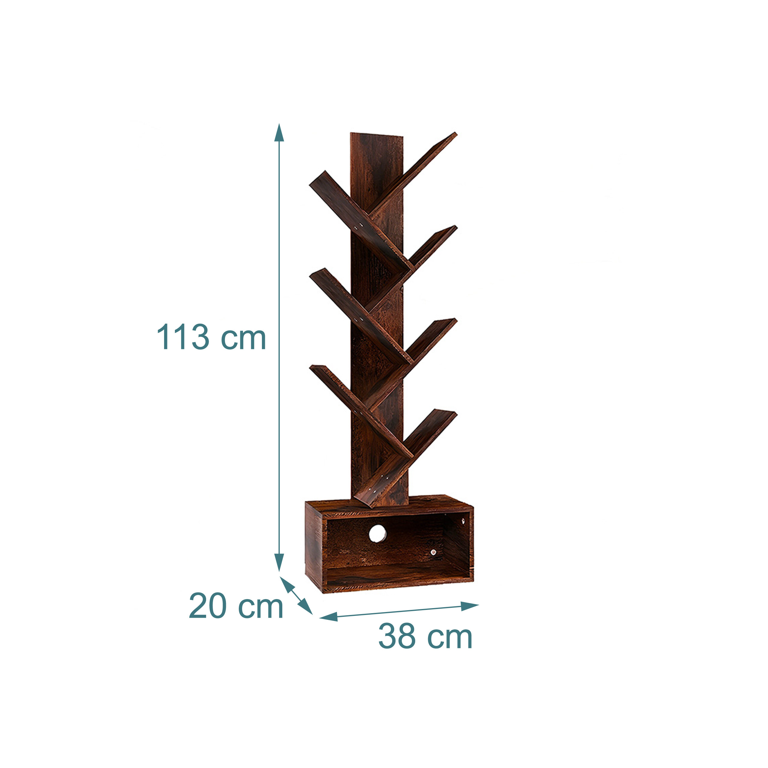 Braunes Holzregal mit Massangaben: 113 cm hoch, 38 cm breit, 20 cm tief.