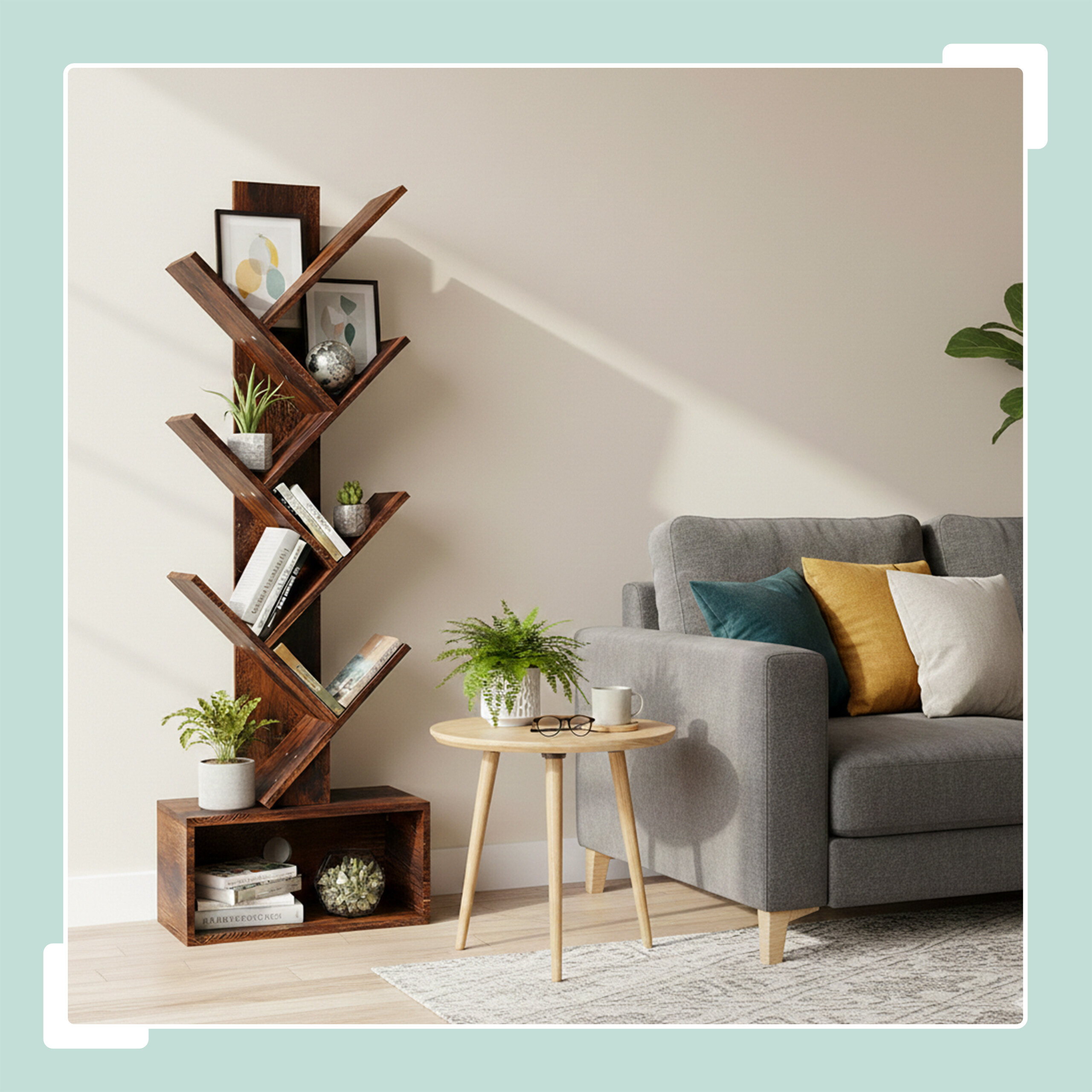 Ein holzfarbenes Baumregal steht neben einem grauen Sofa mit farbigen Kissen und einem runden Holztisch in einem hellen Raum.