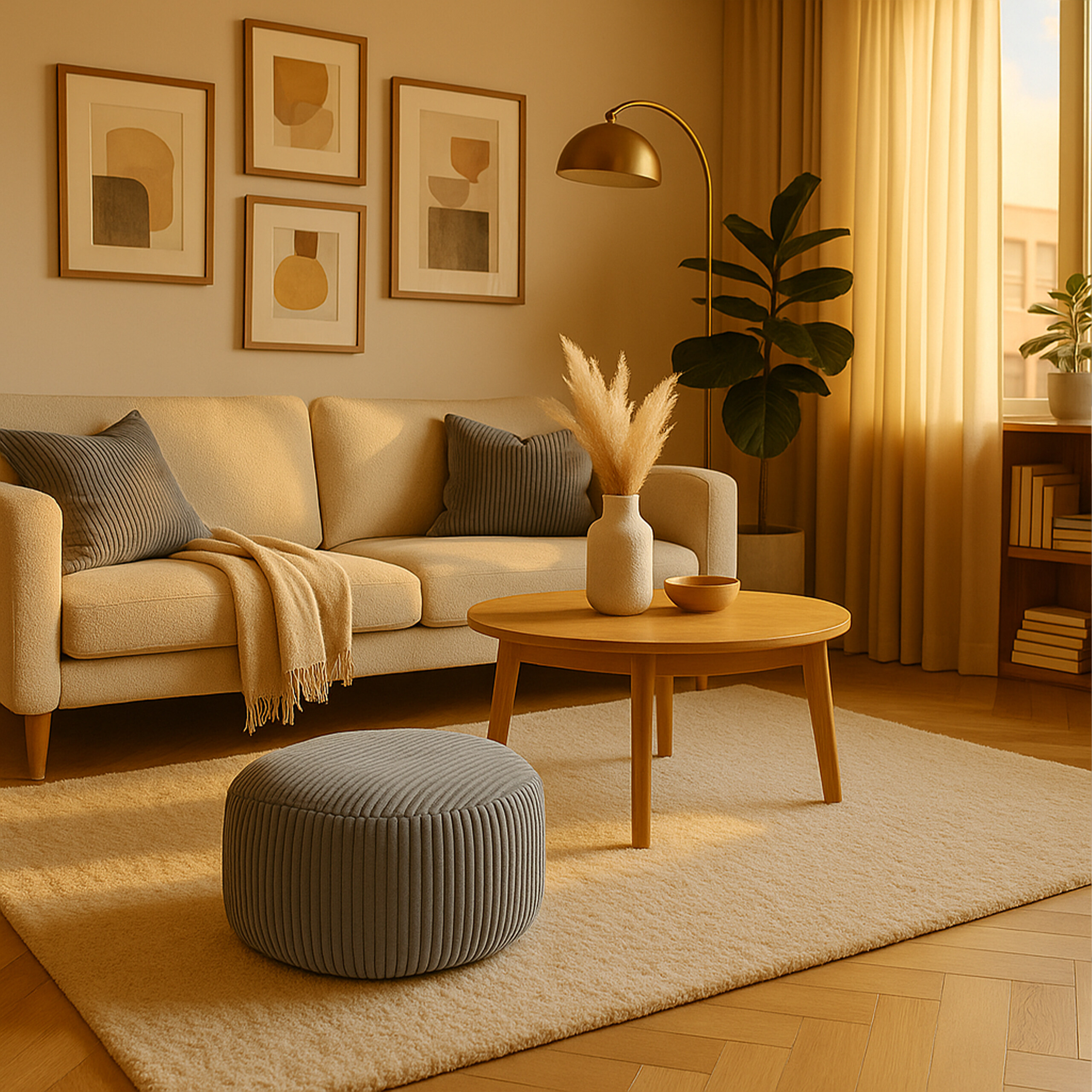 Gemütliches Wohnzimmer mit beigem Sofa, Pouf, Holztisch, gerahmter Kunst und Pflanzen im warmen Licht.
