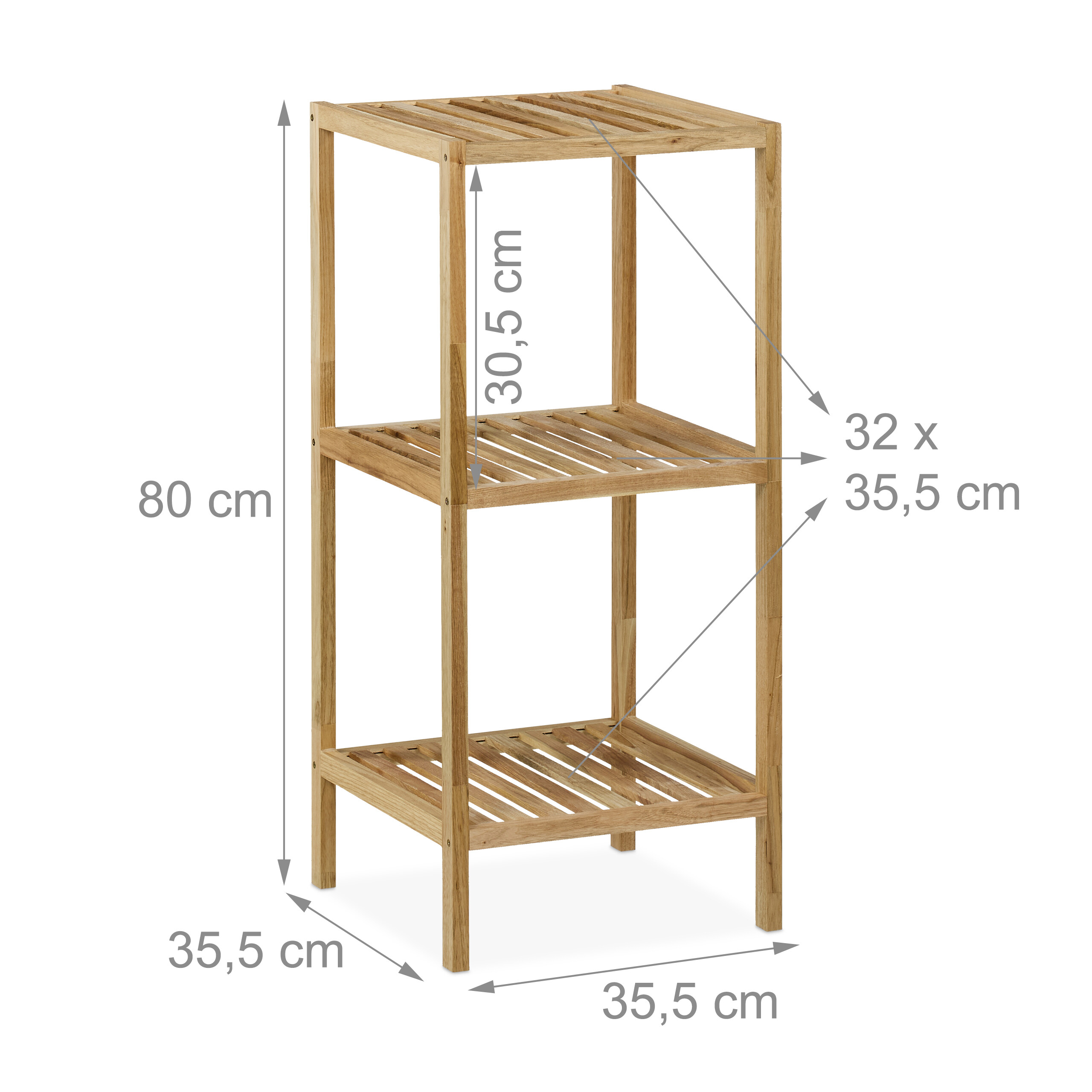 Holzregal mit drei Böden und Maßangaben in cm auf weißem Hintergrund.