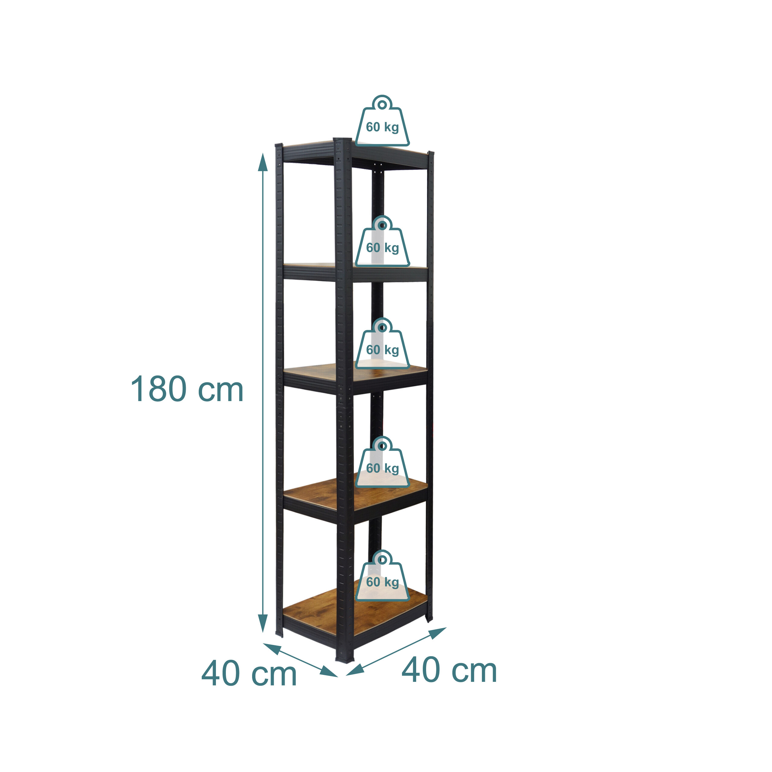 Schwarzes Metallregal, 180x40x40 cm, mit fünf Holzbremsern und 60 kg Tragkraft pro Boden.