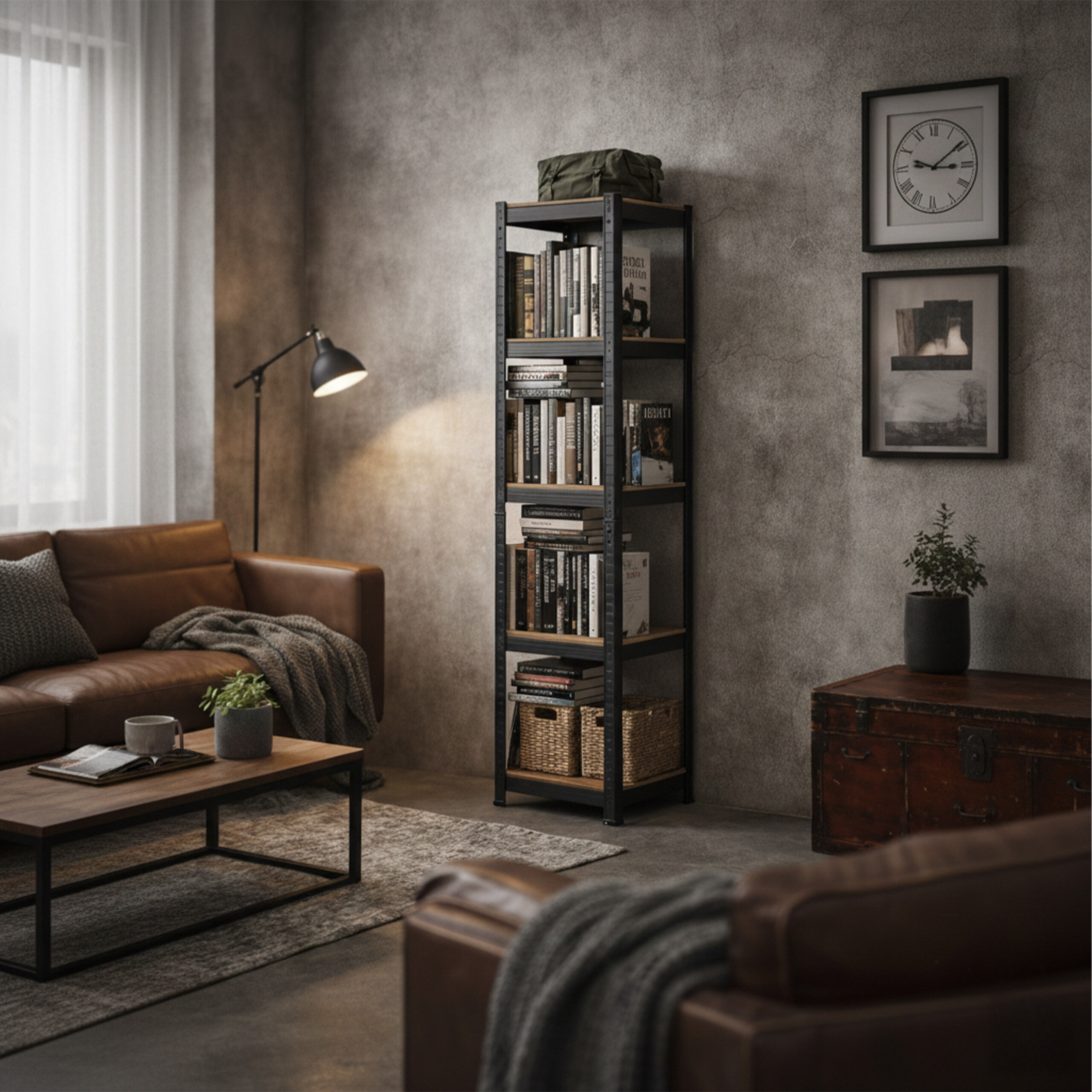 Wohnzimmer mit Ledersofa, Bücherregal, Couchtisch und gerahmten Bildern an der Wand.