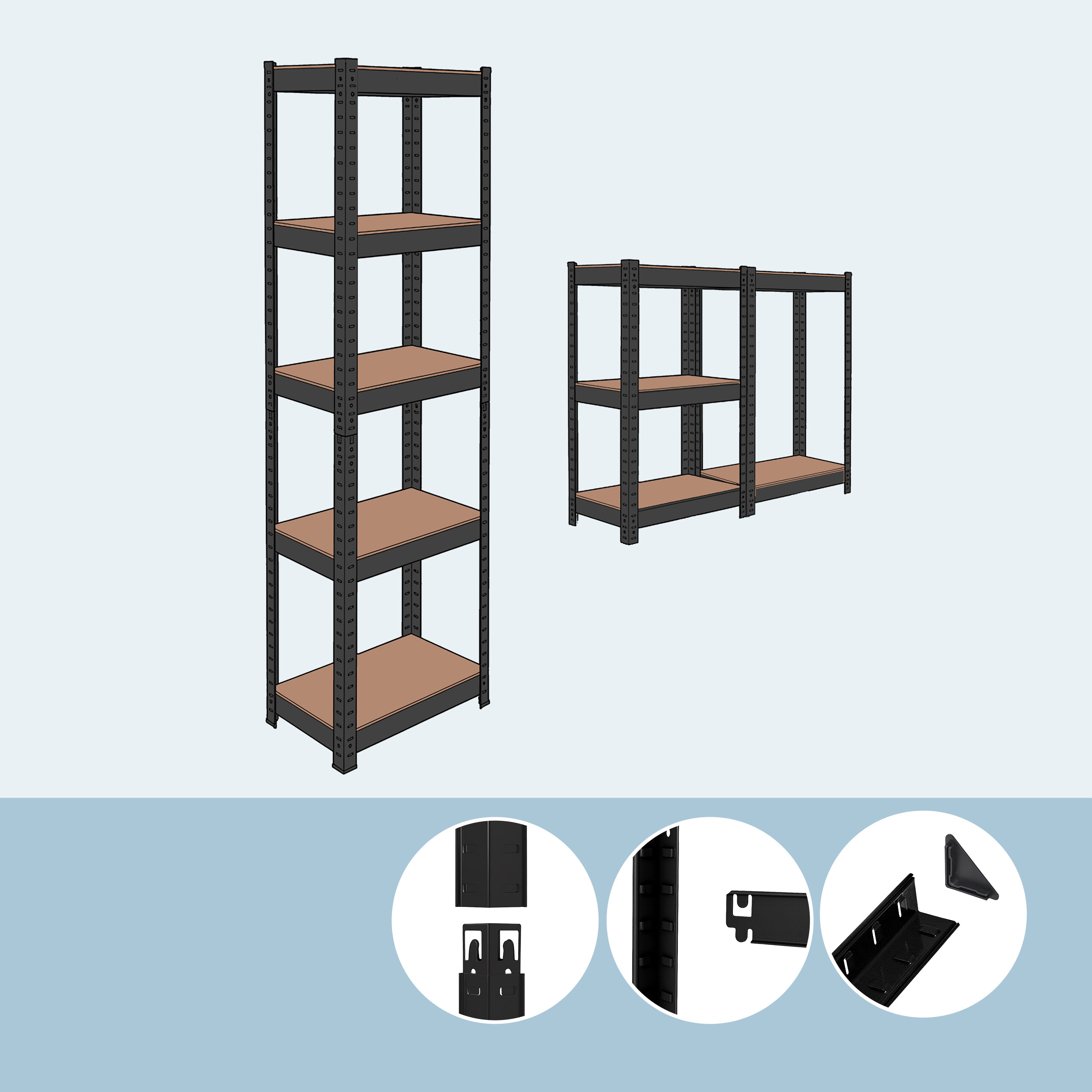 Zwei schwarze Metallregale mit Holzboden und Detailaufnahmen von Bauteilen.