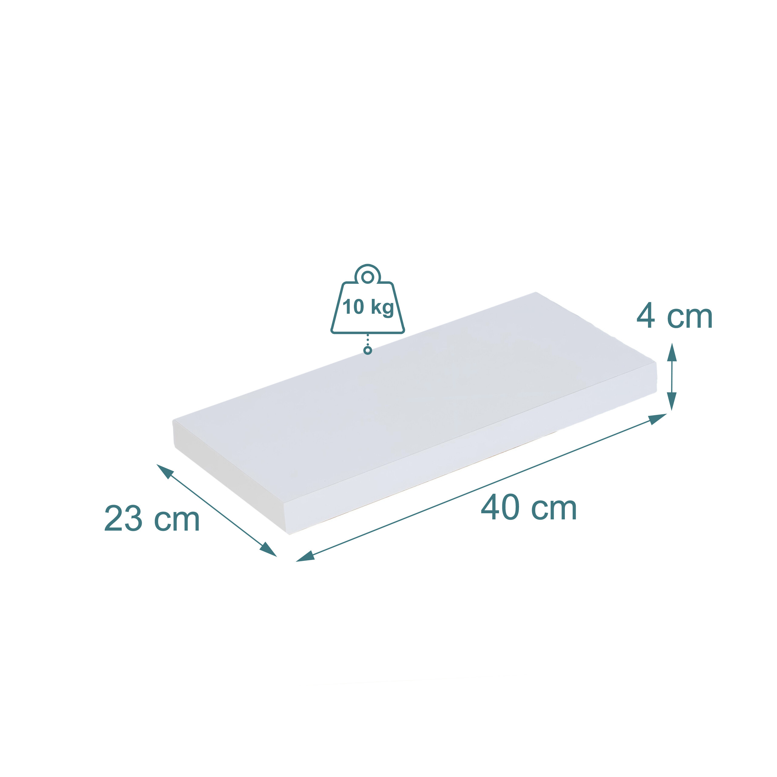 Weißes, rechteckiges Regal mit den Maßen 40x23x4 cm und 10 kg Belastbarkeit.
