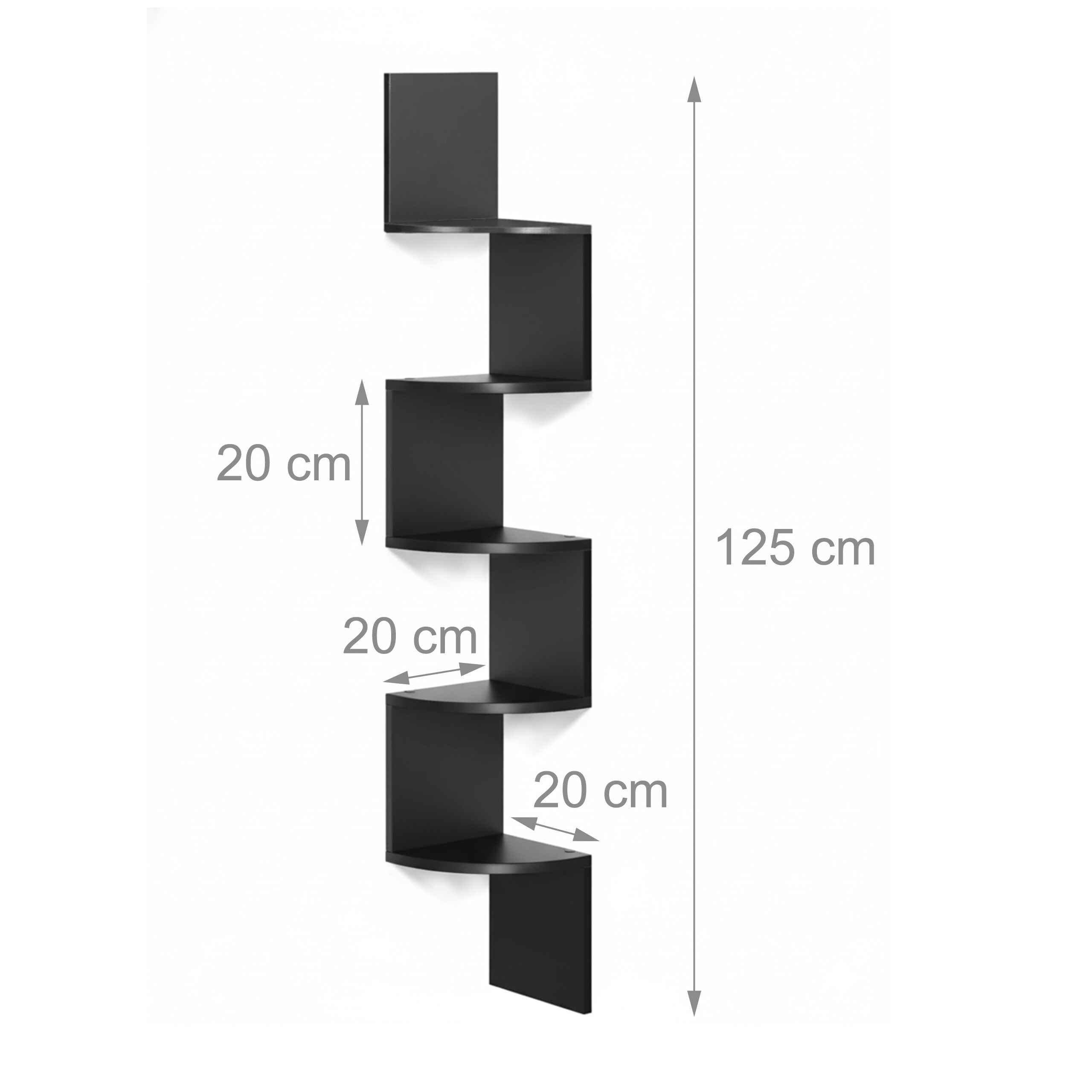 Schwarzes Eckregal an weißer Wand mit Maßangaben von 125 cm Höhe und 20 cm Abstand.