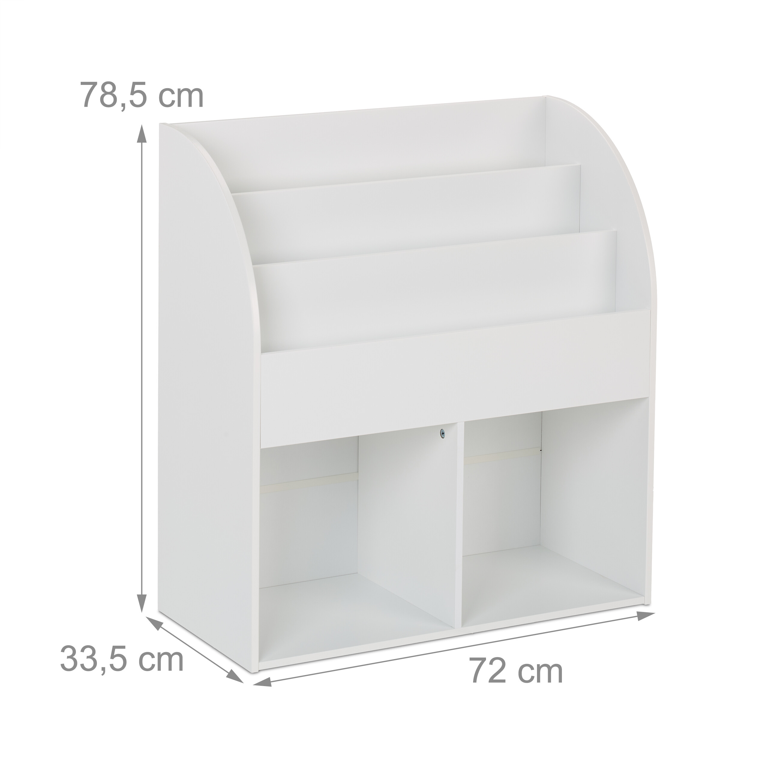 Weißes Kinderregal mit drei Fachböden und zwei Fächern unten, Maße 72x33,5x78,5 cm.