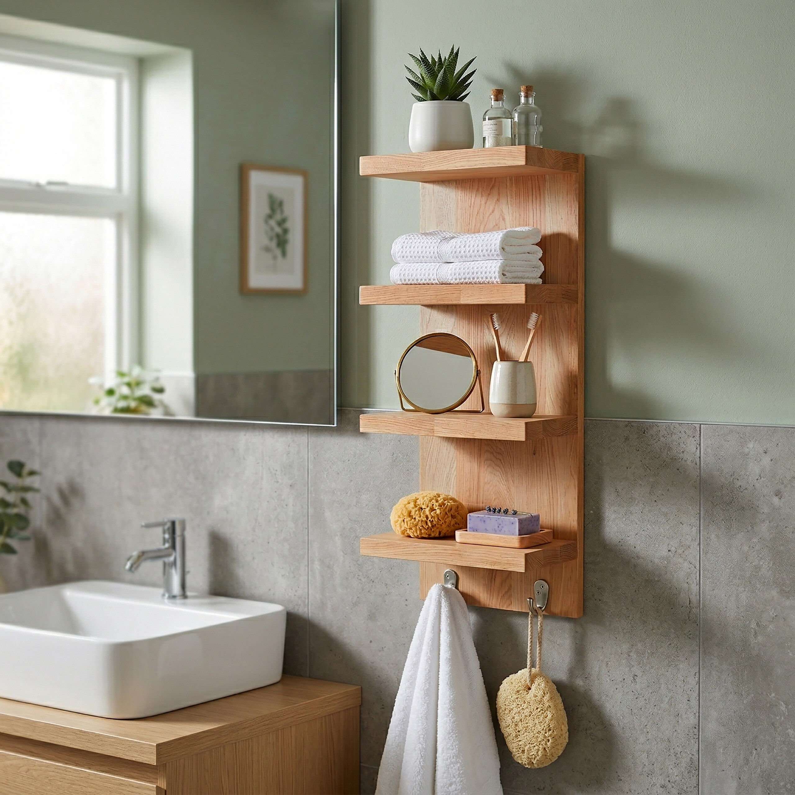 Ein Holzregal mit Handtüchern, Toilettenartikeln und Pflanze an einer grauen Wand in einem modernen Badezimmer.