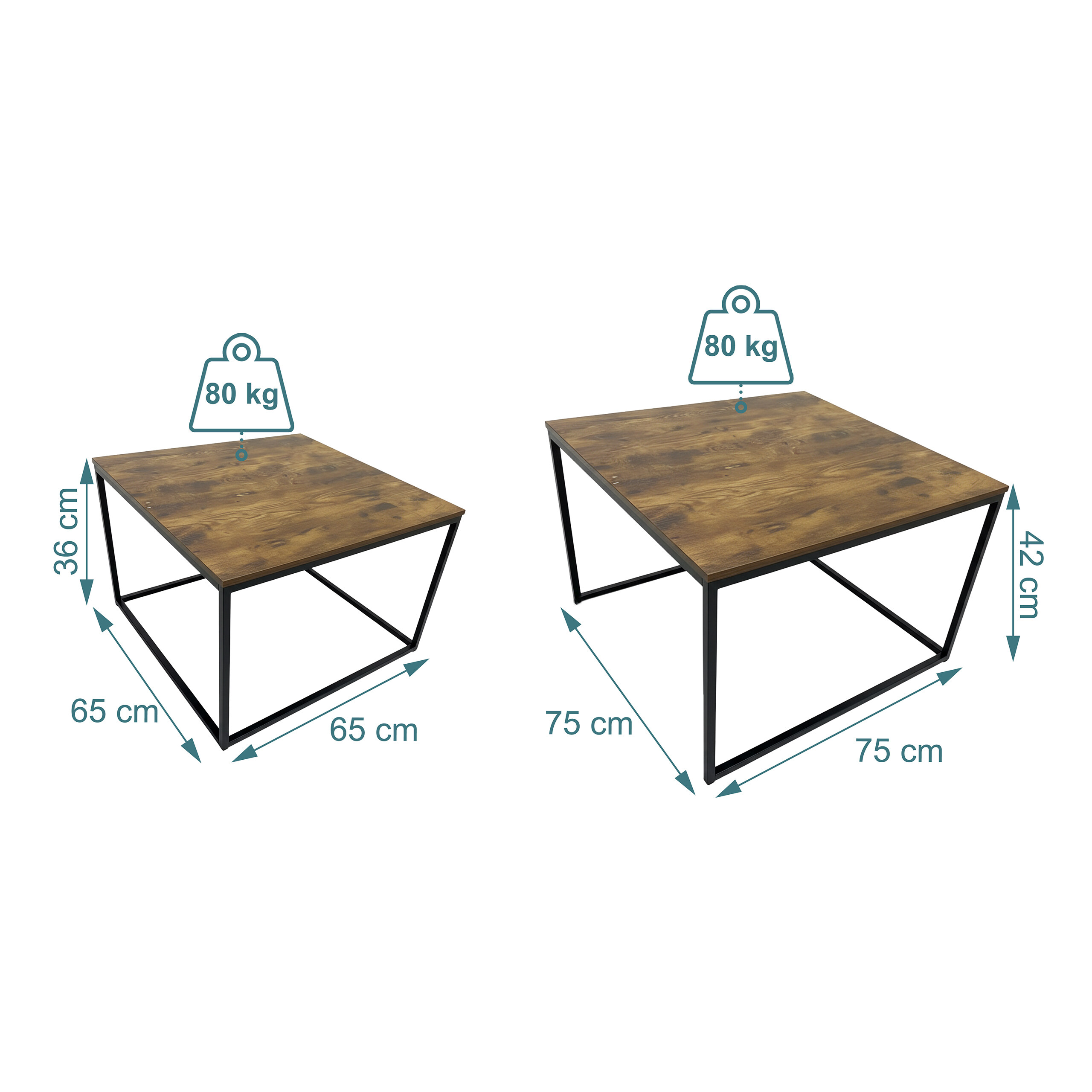 Zwei Holzcouchtische mit schwarzem Metallgestell, Maßen und 80 kg Gewichtskapazität.