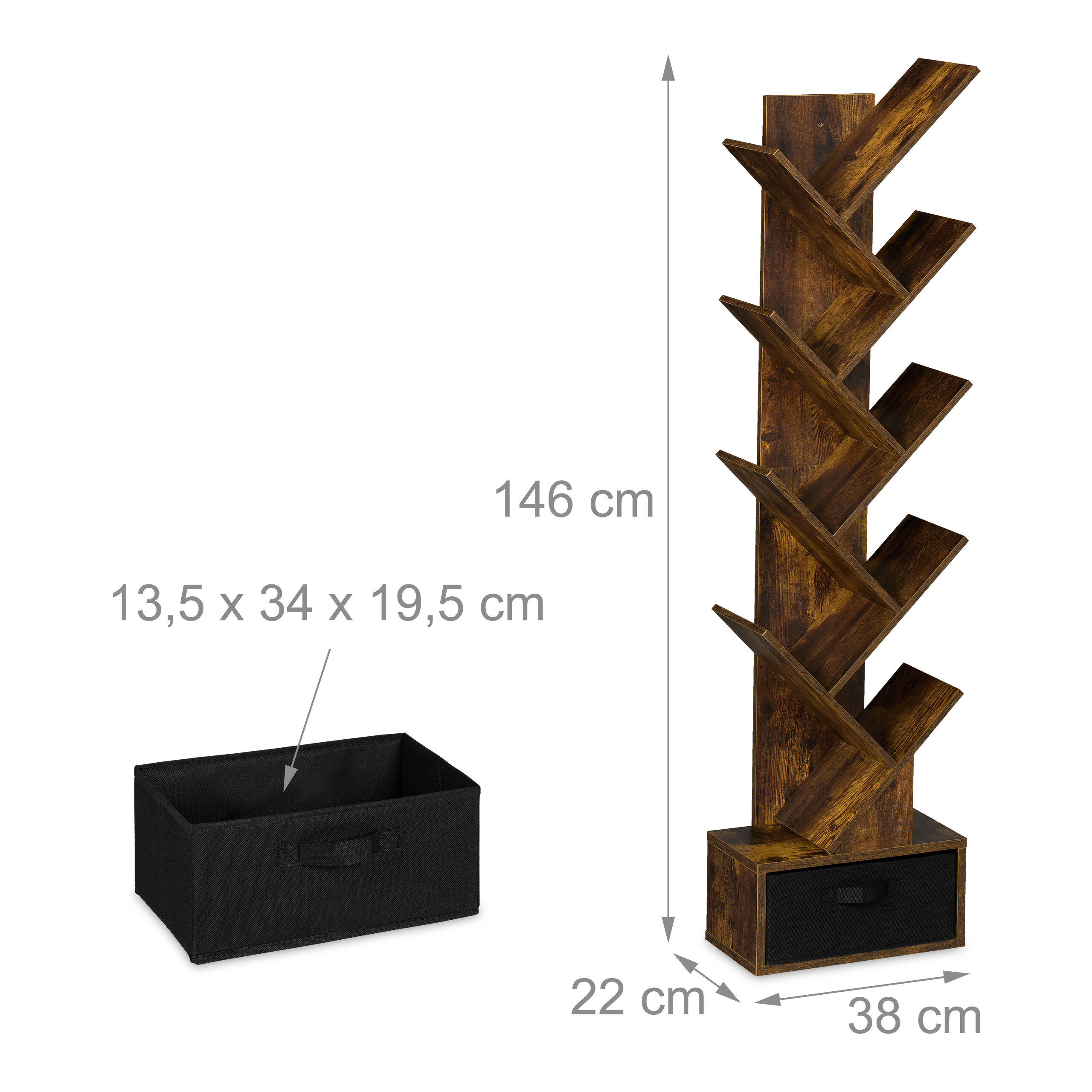 Rustikales braunes Baumregal mit Maßen und schwarzer Stoffbox.