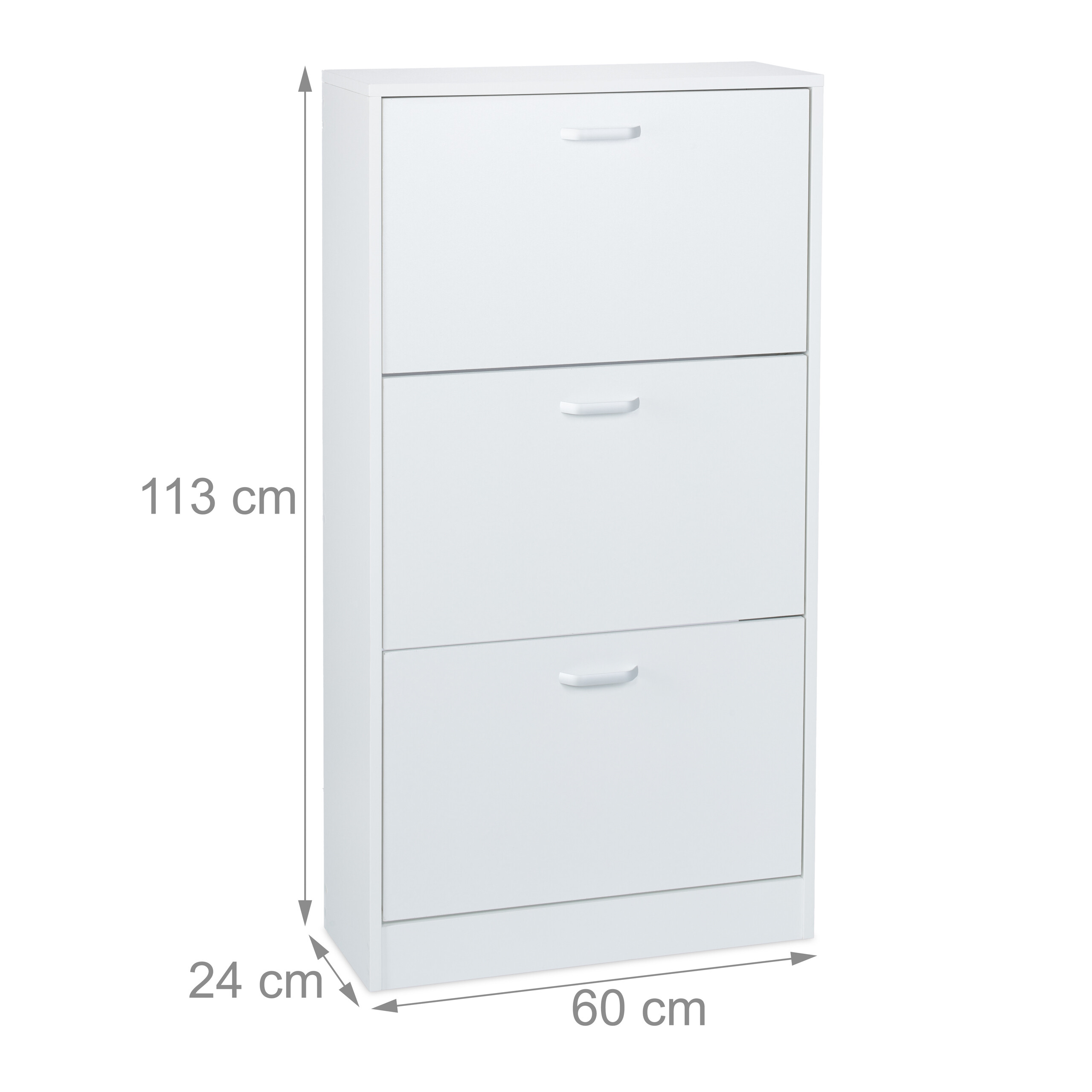 Ein weißer Schuhschrank mit drei Klappen und den Maßen 113 cm Höhe, 60 cm Breite und 24 cm Tiefe.