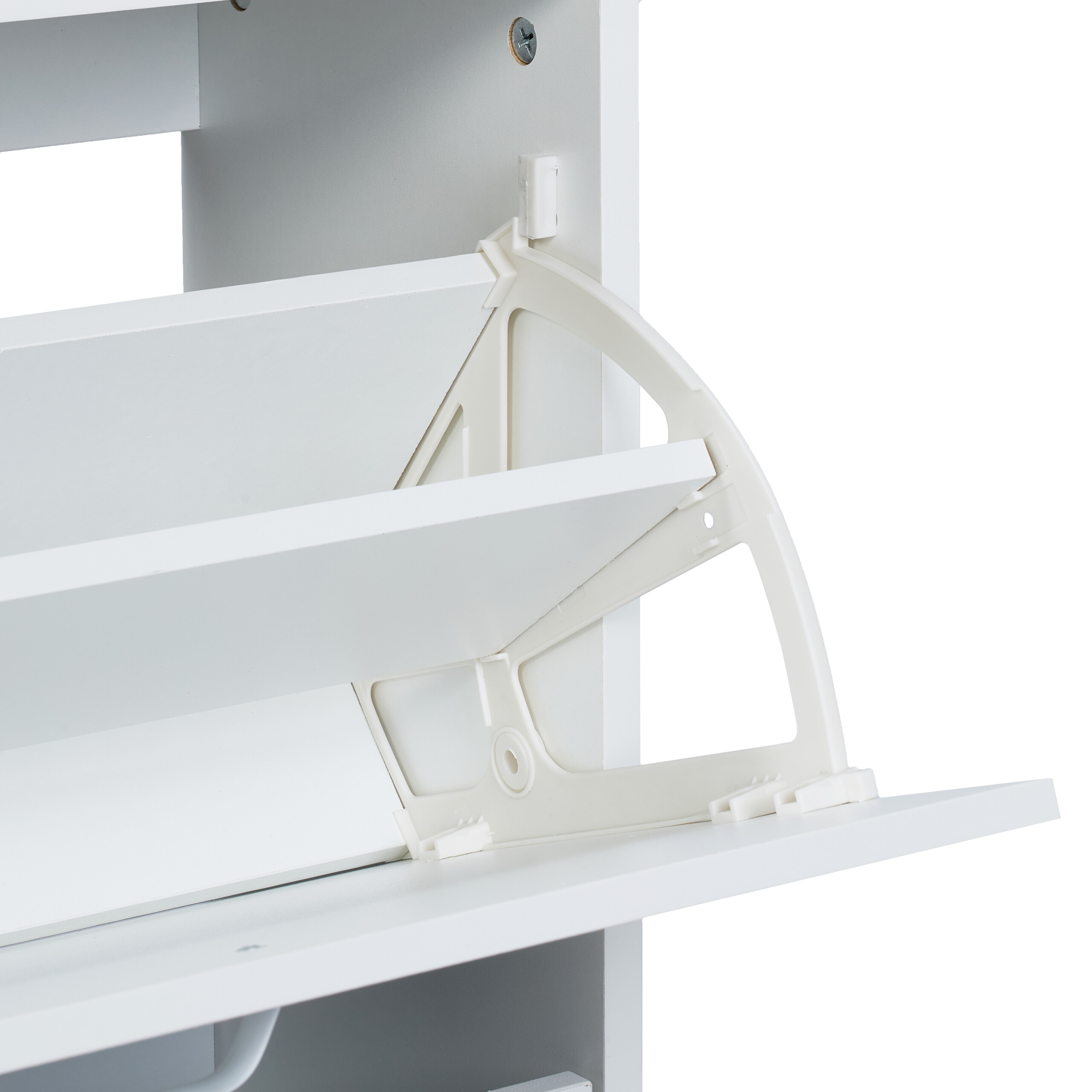 Weisser Schuhschrank mit ausgeklapptem Fach und Kunststoffmechanismus.