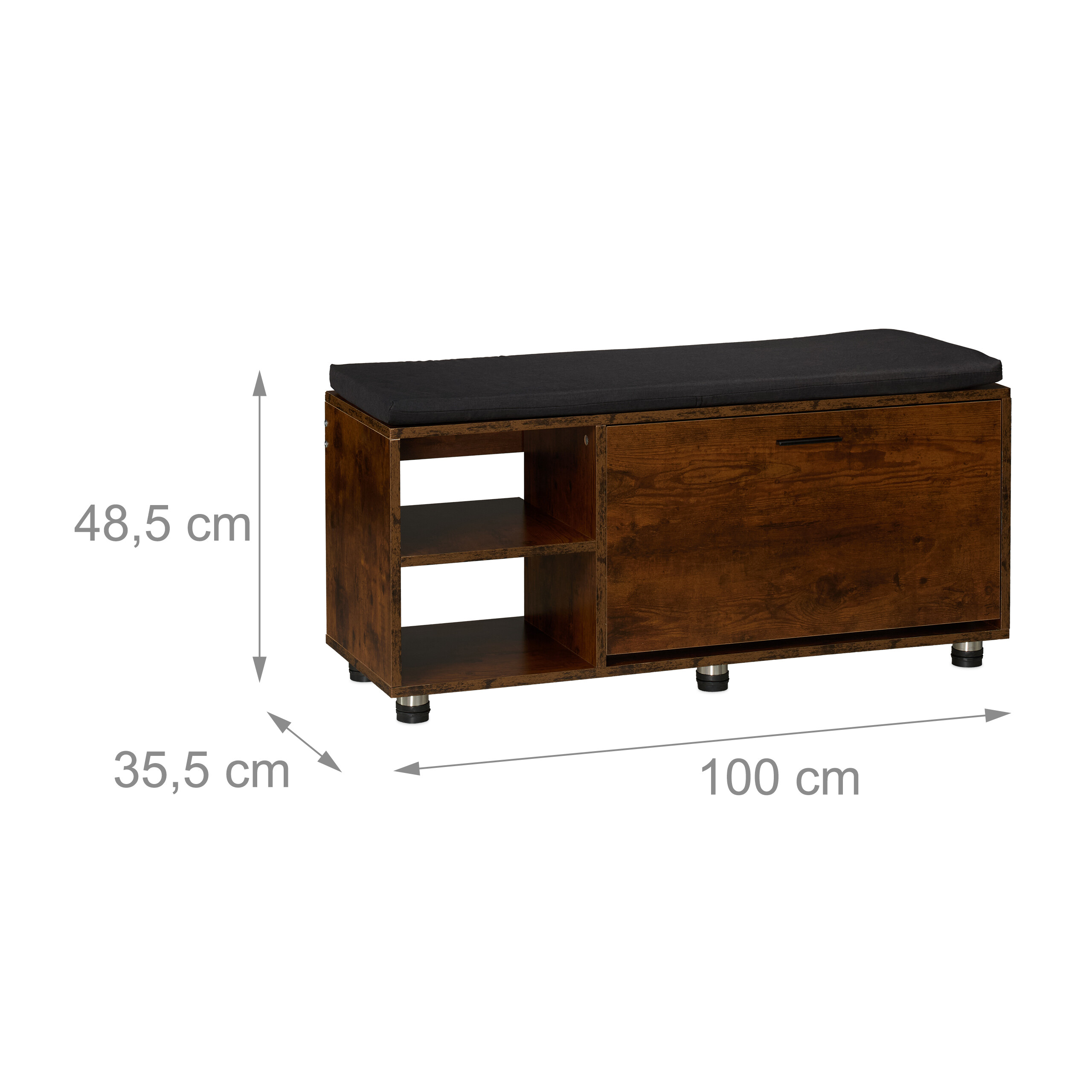 Dunkelbraune Holz-Schuhbank mit schwarzem Kissen, Regalen und Tür, Maße: 100x35,5x48,5 cm.
