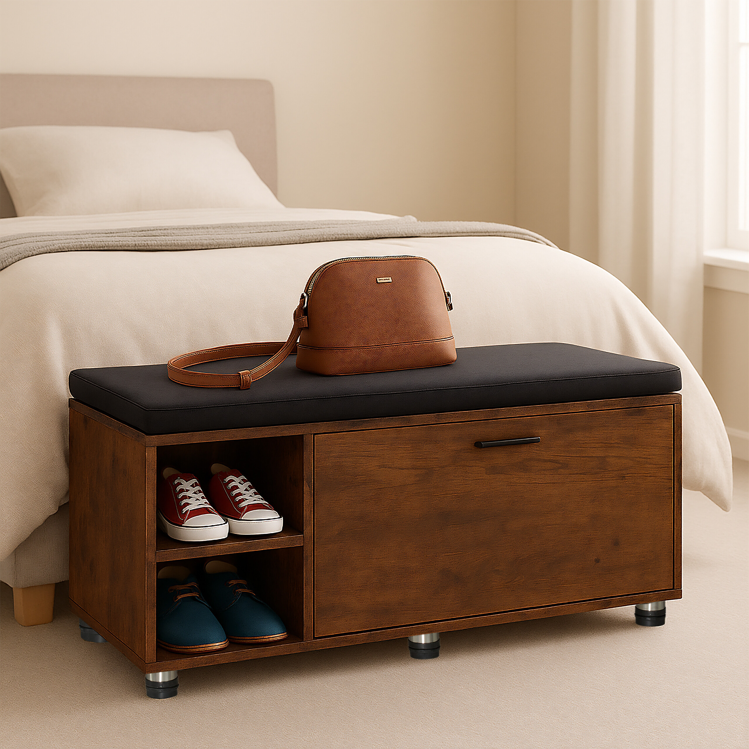 Eine braune Holzbank mit schwarzem Kissen, Schuhen und einer Handtasche davor im Schlafzimmer.