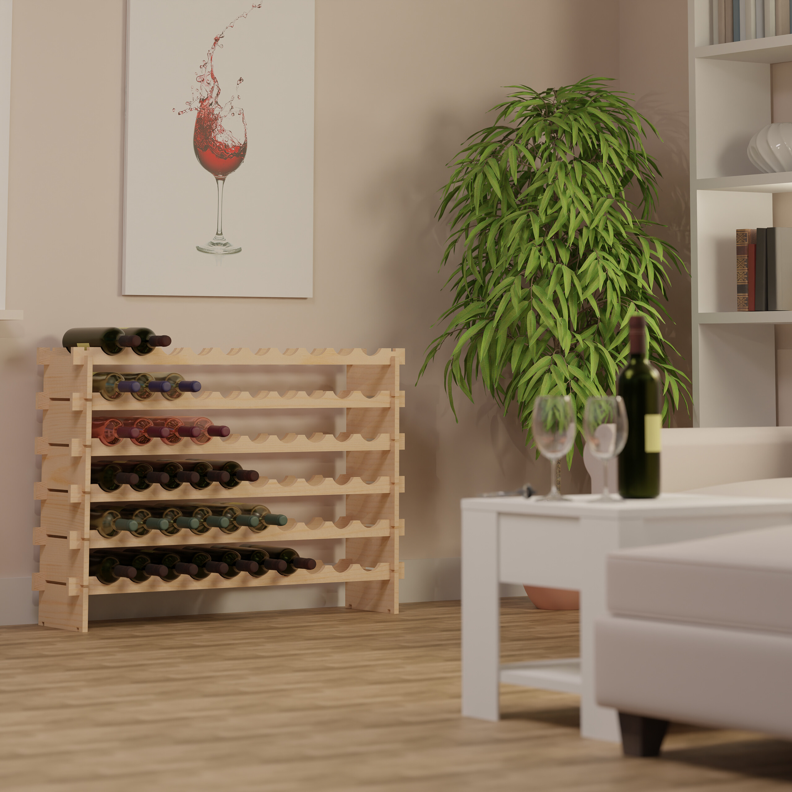 Holzregal mit Weinflaschen, Kunstbild mit Weinglas, Zimmerpflanze und weisser Tisch in einem hellen Raum.
