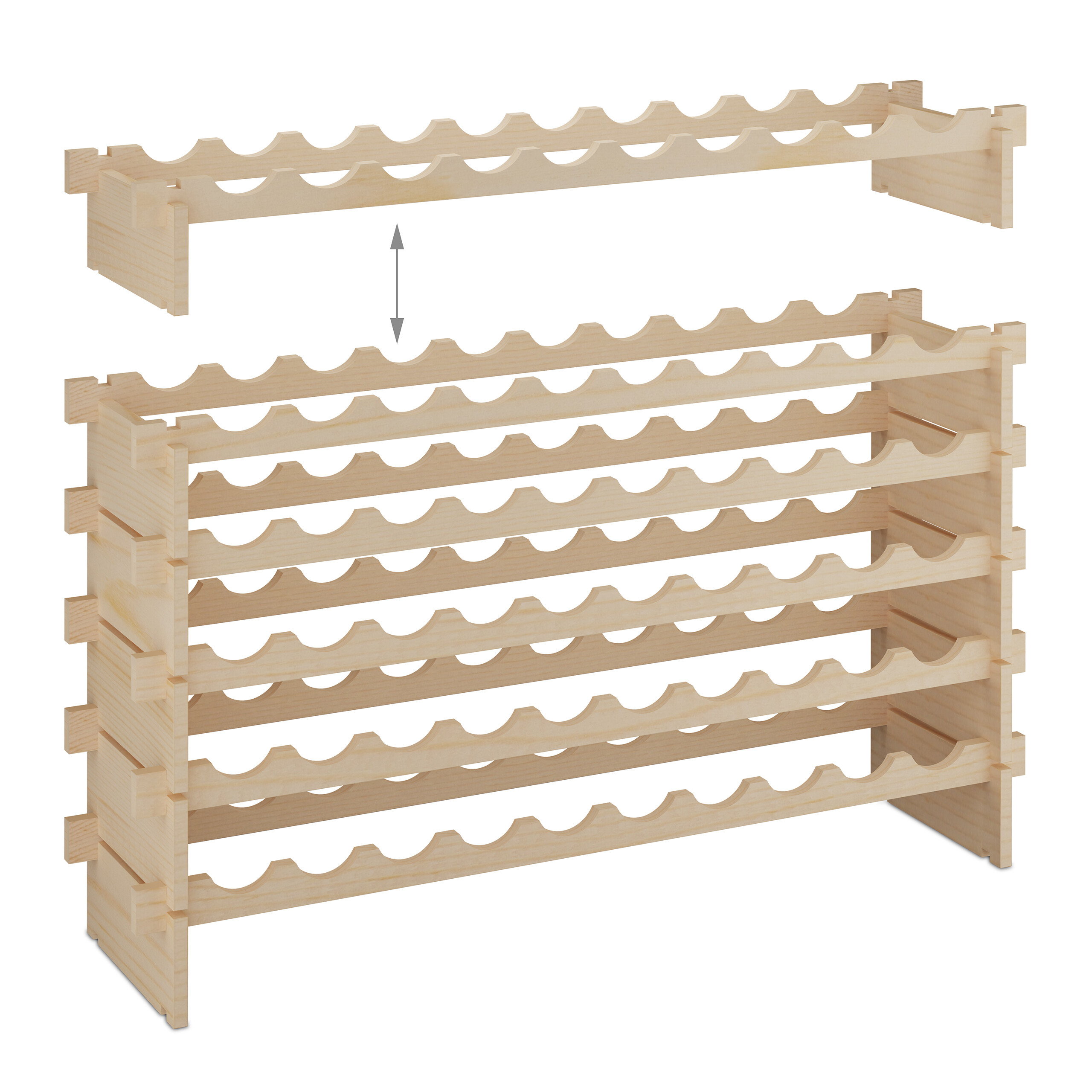 Modulares Weinregal aus hellem Holz mit mehreren Ebenen und einer oberen Erweiterung.