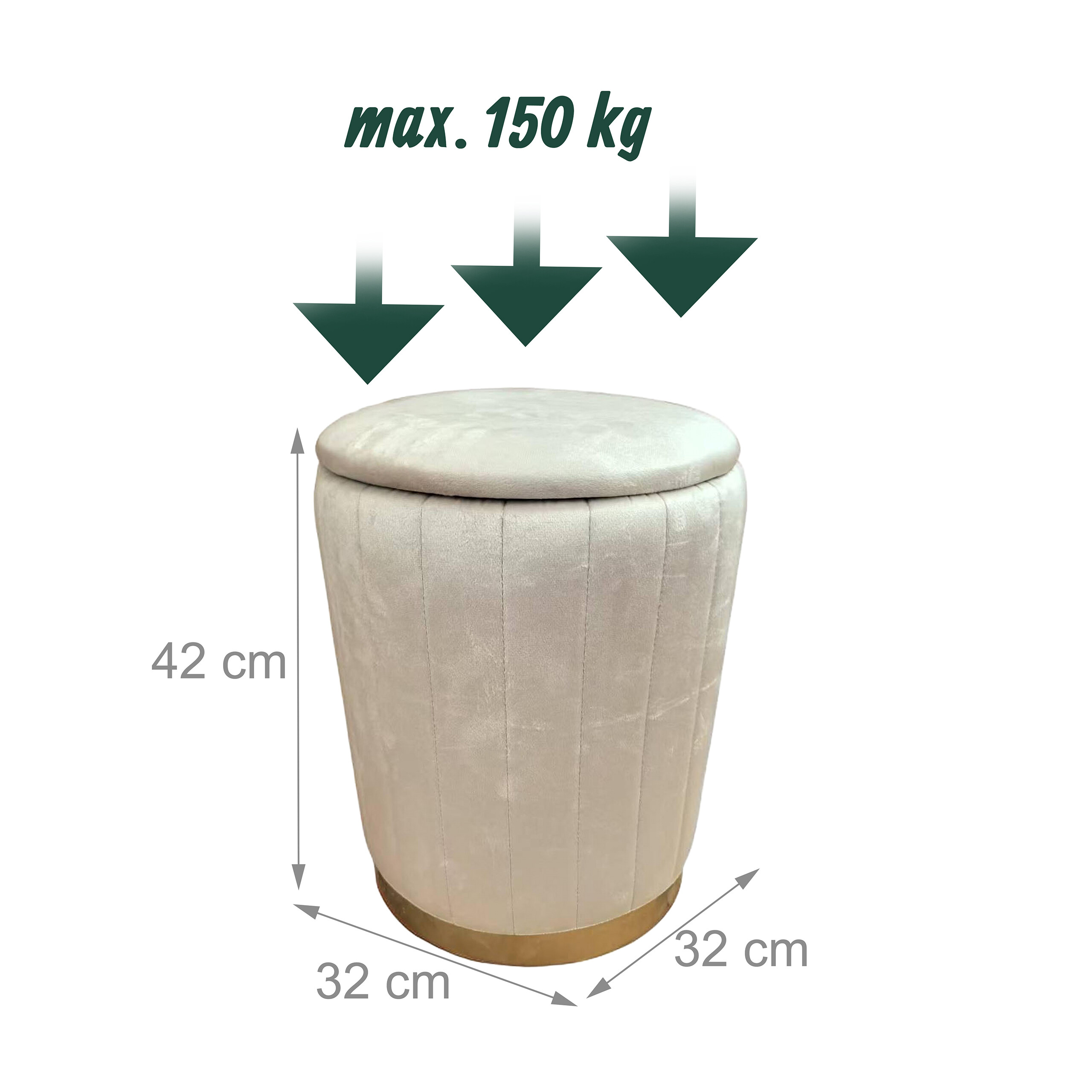 Beiger runder Hocker mit Staufach, Maße 32x32x42 cm, max. Belastung 150 kg.