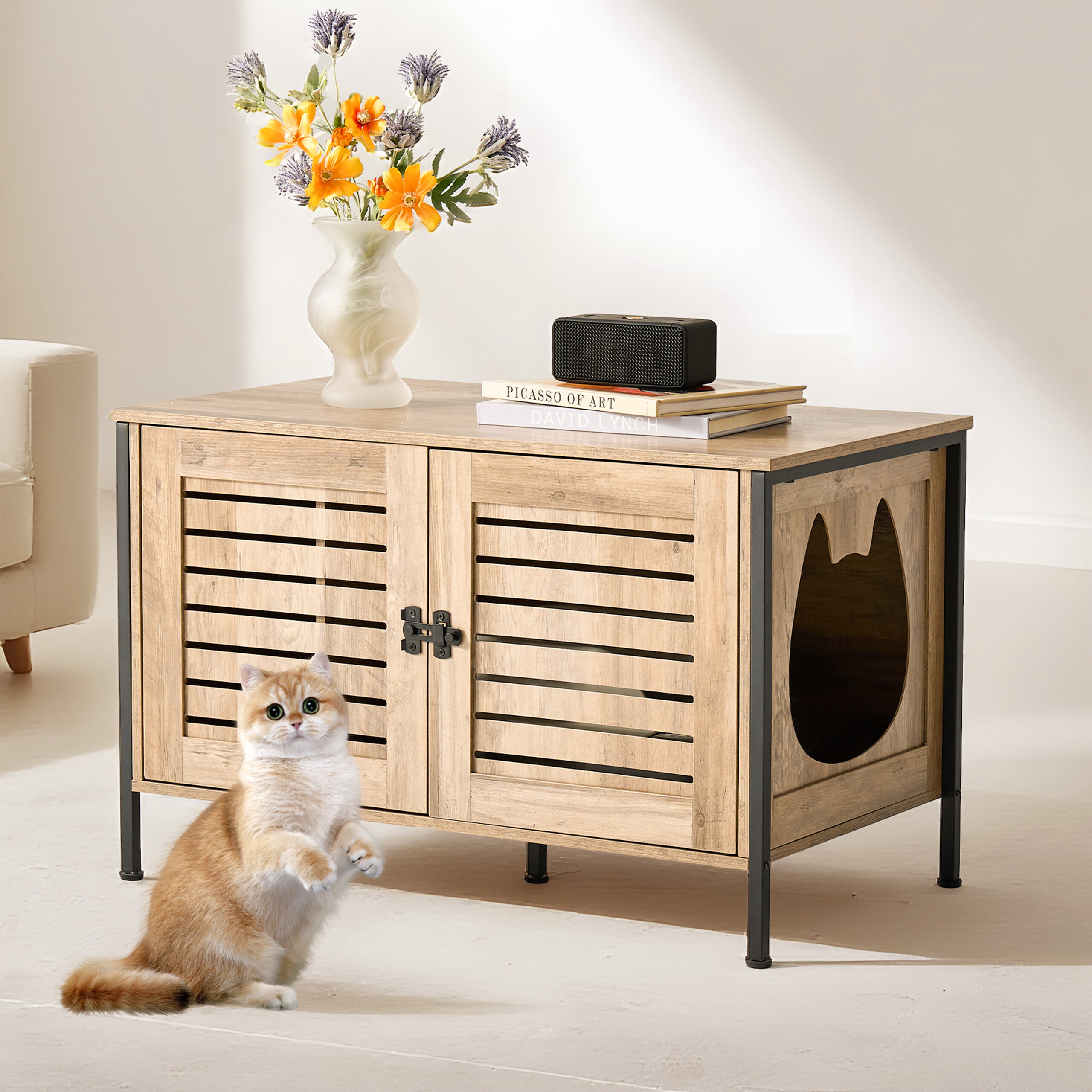 Eine süße Katze sitzt neben einem Holzkasten mit Blumen und Büchern.