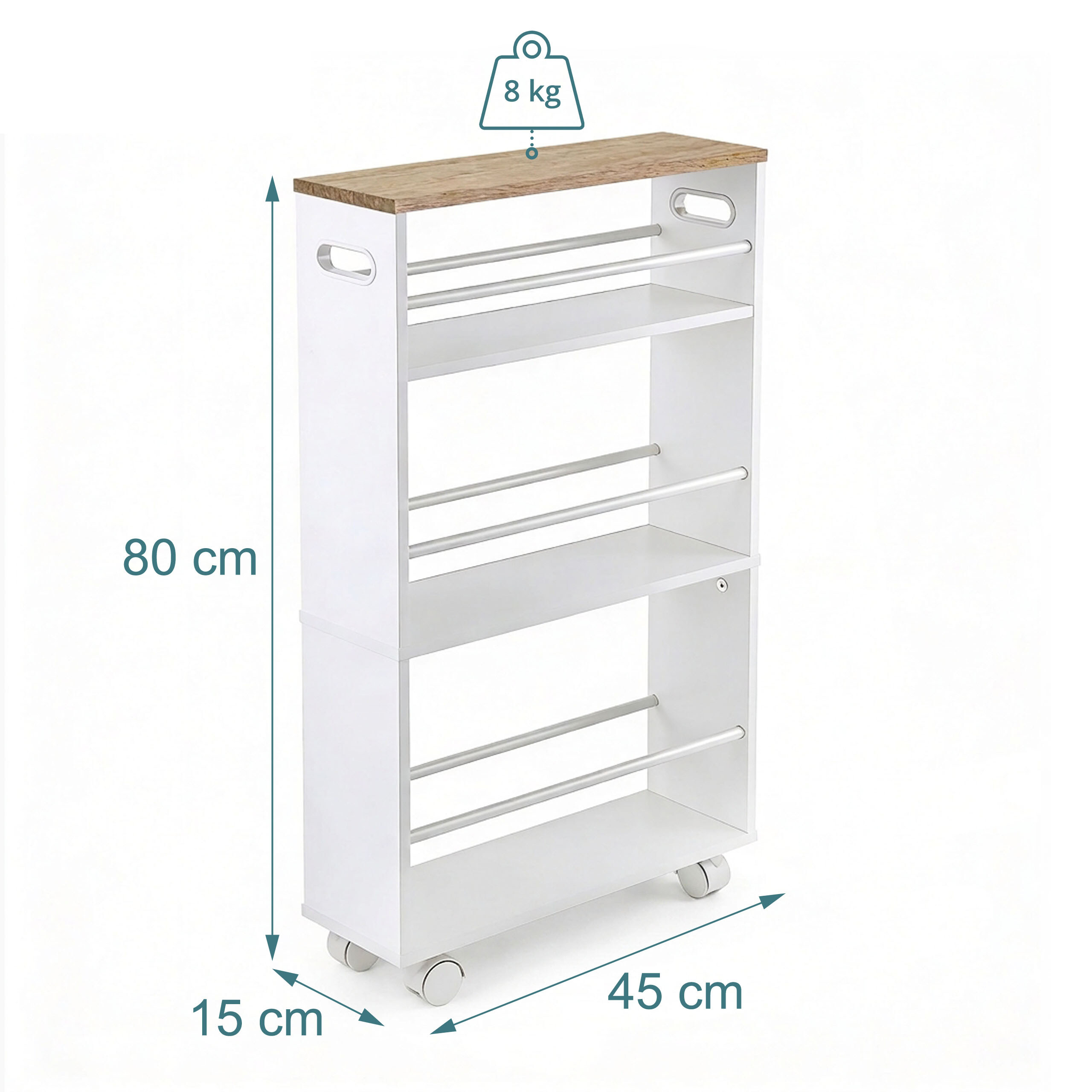 Weisser Rollwagen mit Holzplatte, vier Etagen, Rollen und Massangaben von 80x45x15 cm.