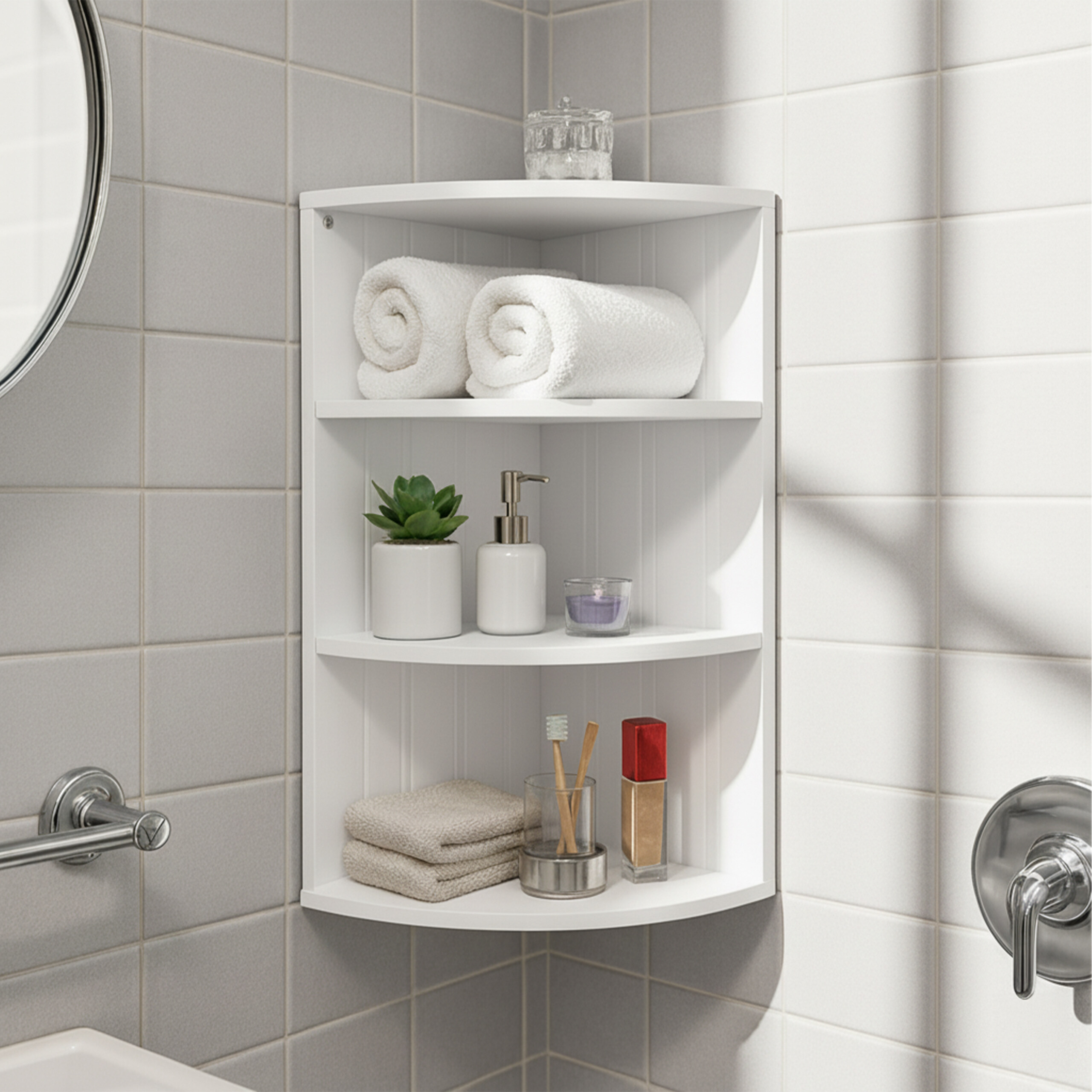 Weißes Eckregal im Badezimmer mit Handtüchern, Pflanzen, Seifenspender und Toilettenartikeln.