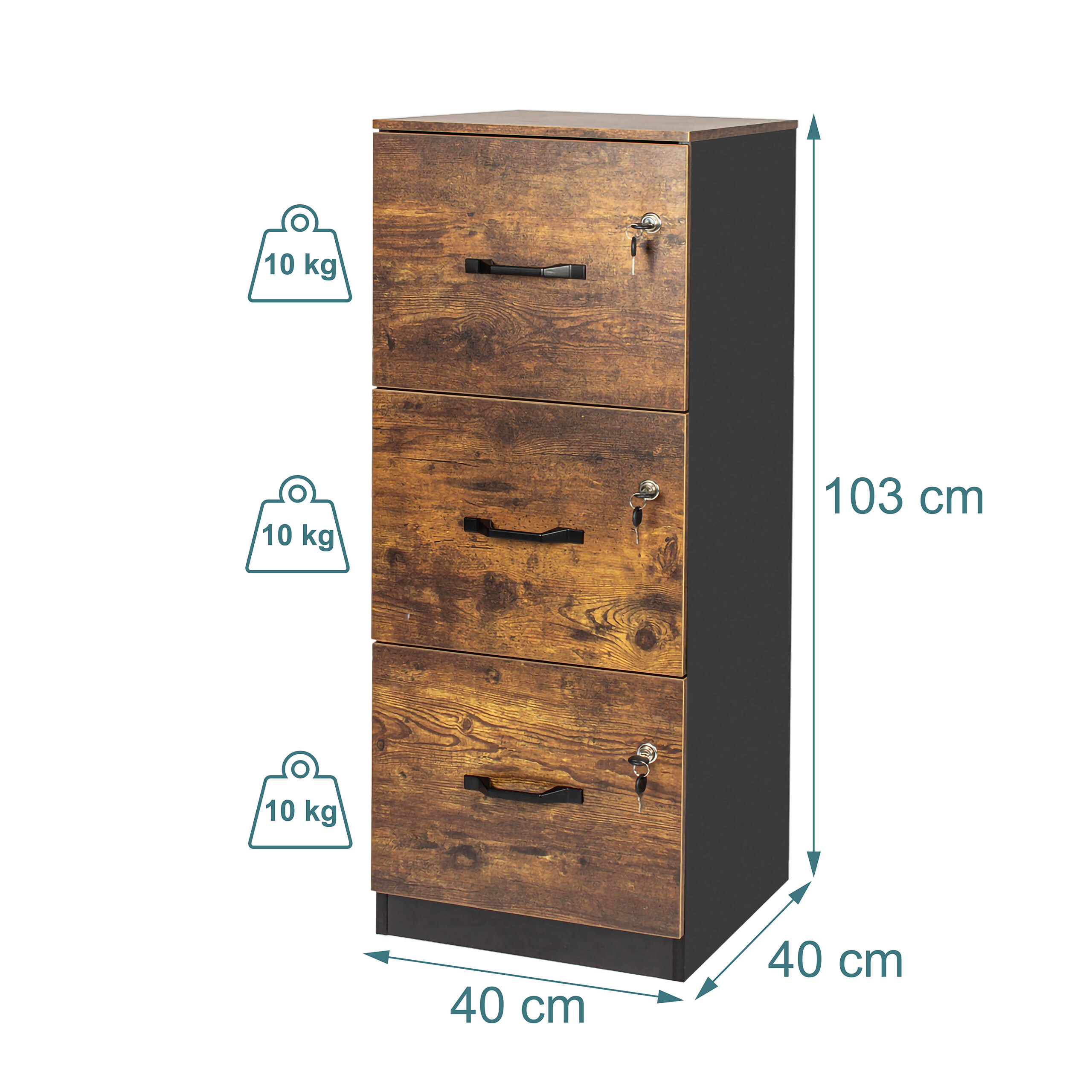 Holzfarbener Aktenschrank mit drei abschließbaren Schubladen, Maße 40x40x103 cm und 10 kg Kapazität.