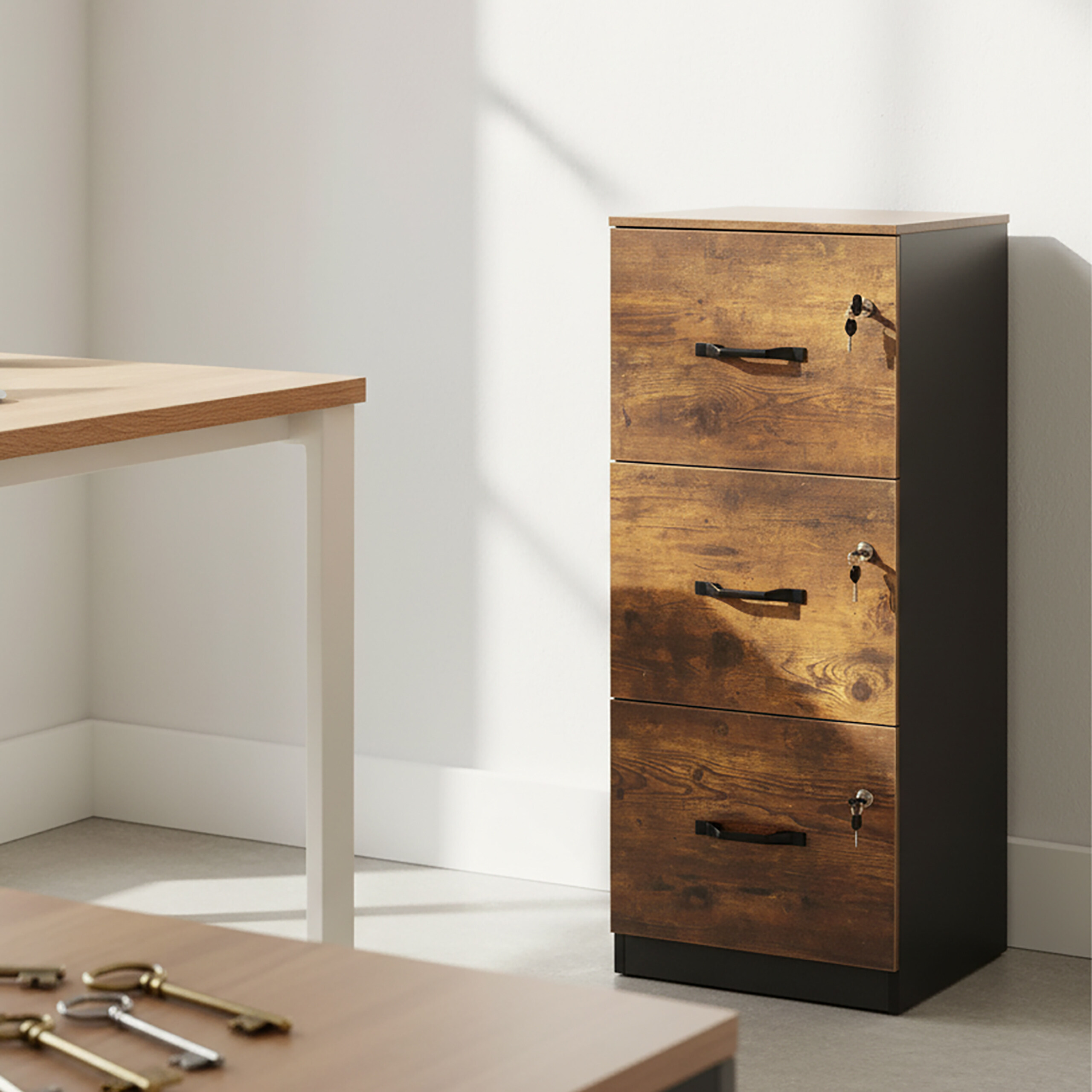 Ein hölzerner Aktenschrank mit drei Schubladen und Schlüsseln steht in einem Raum neben einem Schreibtisch mit Schlüsseln.