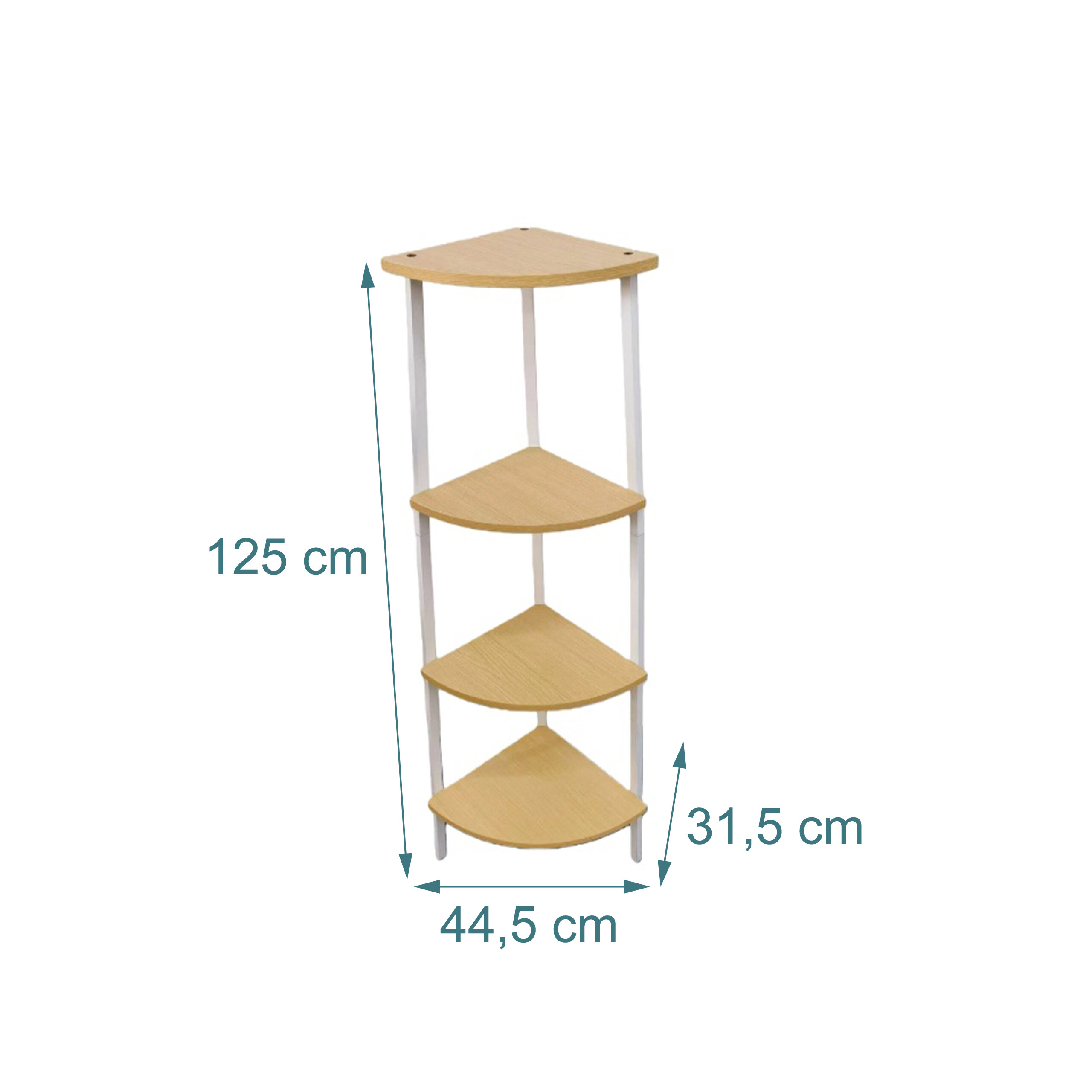 Ein vierstöckiges Eckregal mit Holzböden und weißen Metallbeinen, inklusive Bemaßungen von 125 cm Höhe.