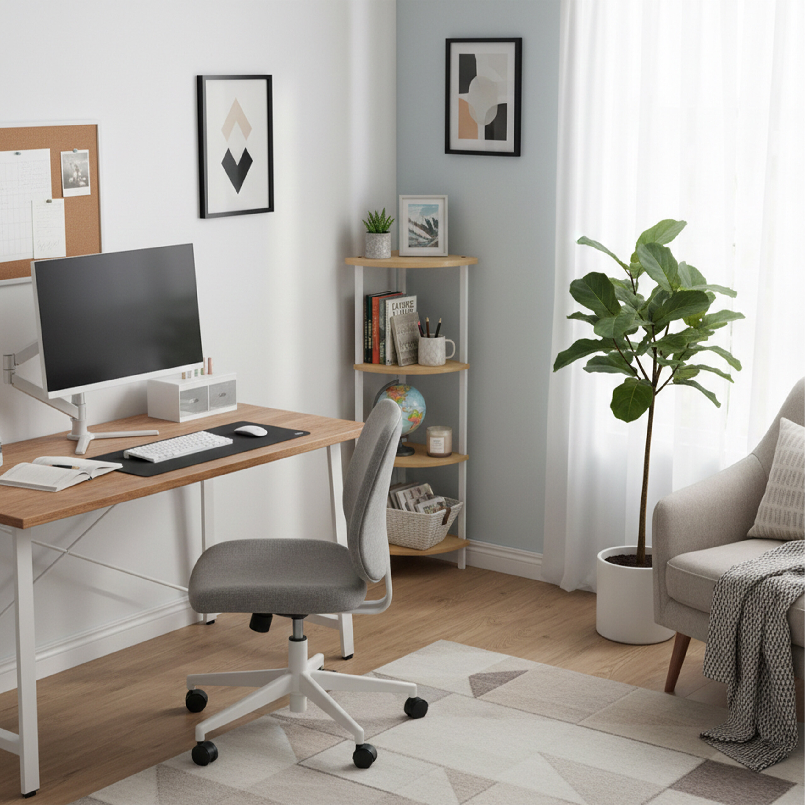 Ein modernes Homeoffice mit Holztisch, Monitor, grauem Stuhl, Eckregalen, Topfpflanze und Sessel am Fenster.