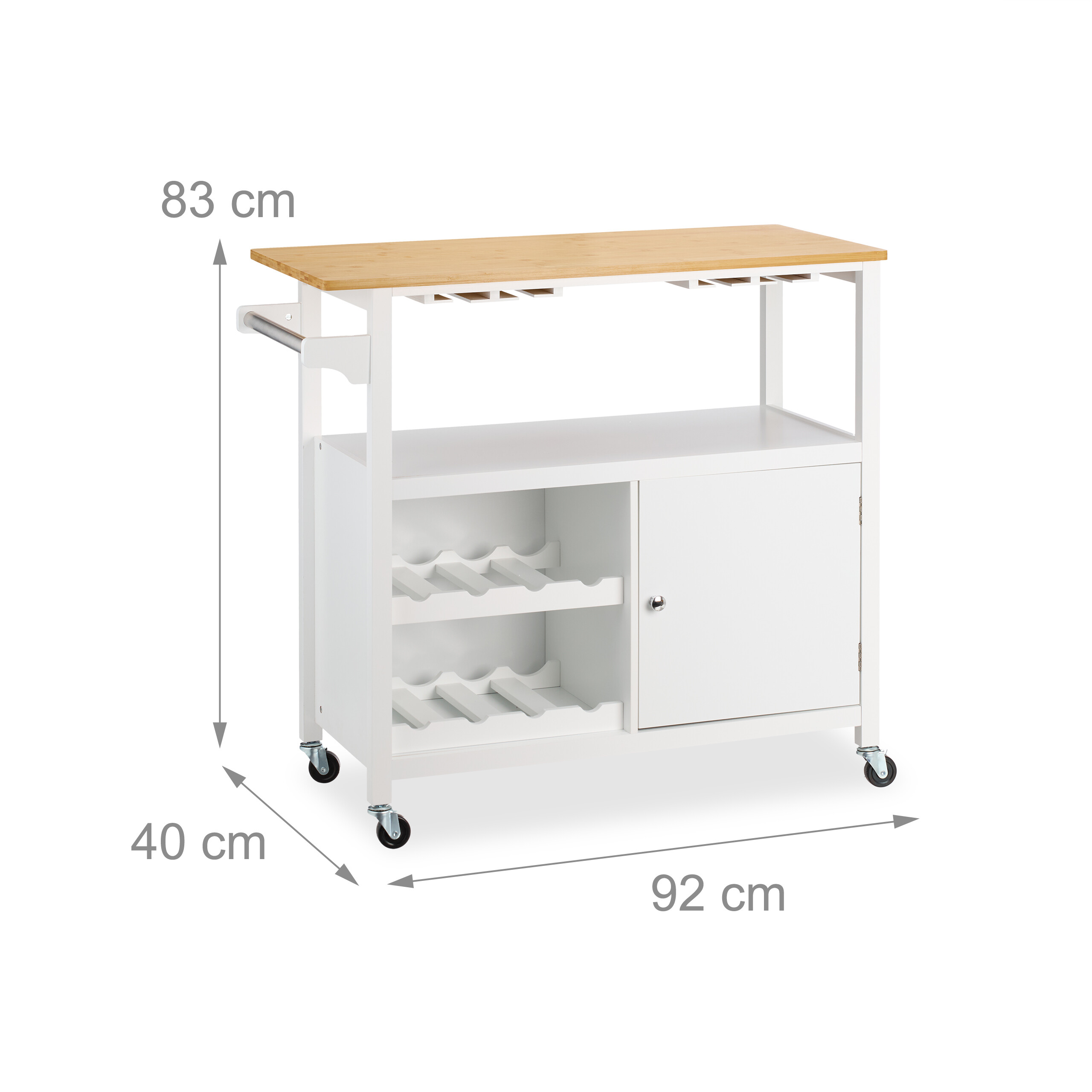Weißer Küchenwagen mit Holztisplatte, Weinregal, Schrank und Rollen, 92x40x83 cm.