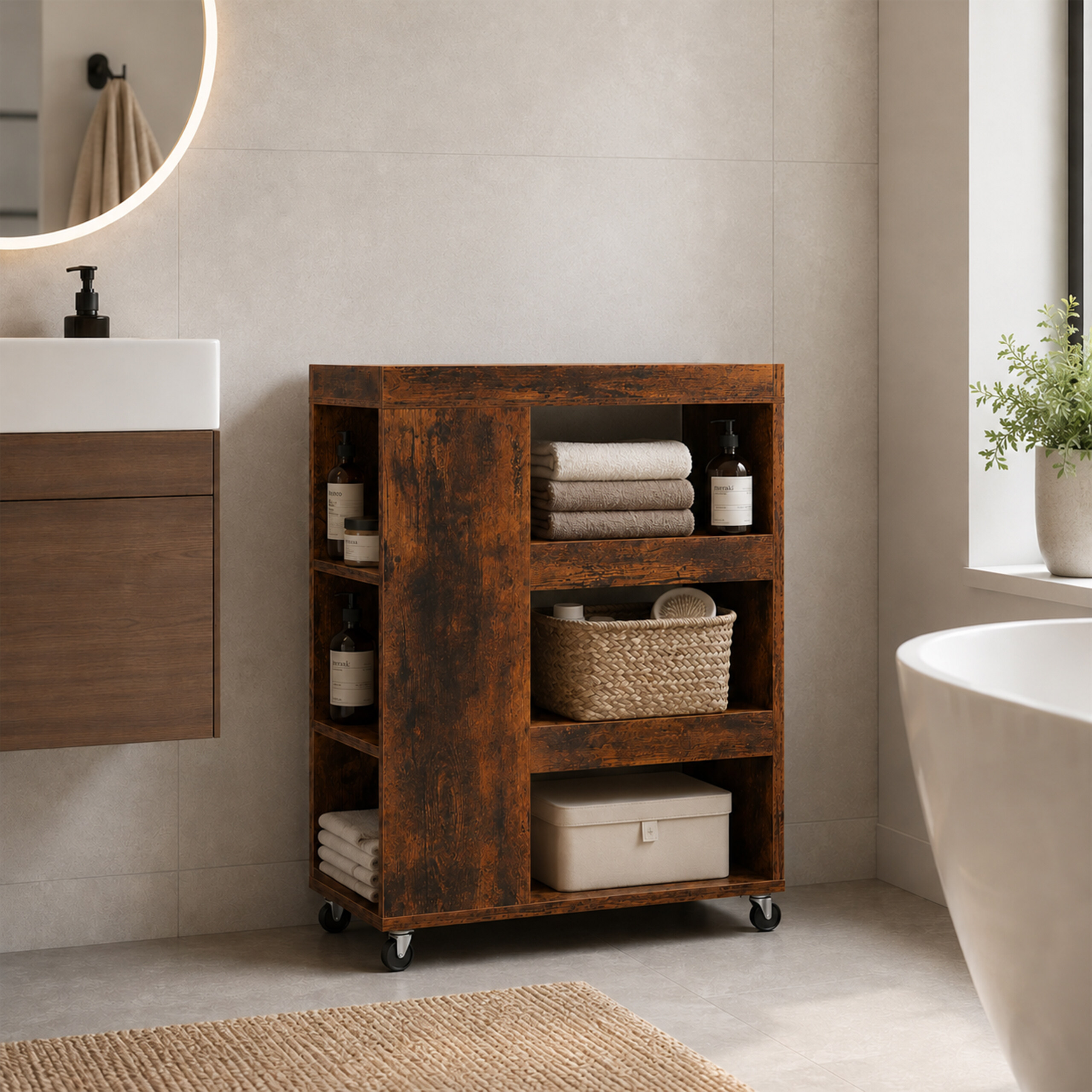 Ein rustikales Holzwagenregal auf Rädern im Badezimmer mit Handtüchern, Flaschen und geflochtenen Körben.
