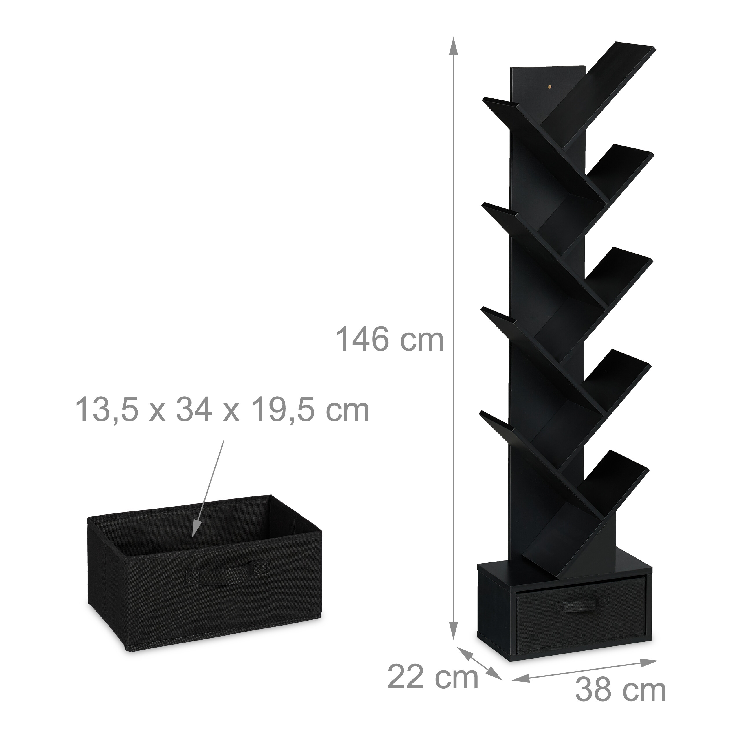 Schwarzes Baumregal mit Maßen 146x38x22 cm und passender Box mit 13,5x34x19,5 cm.