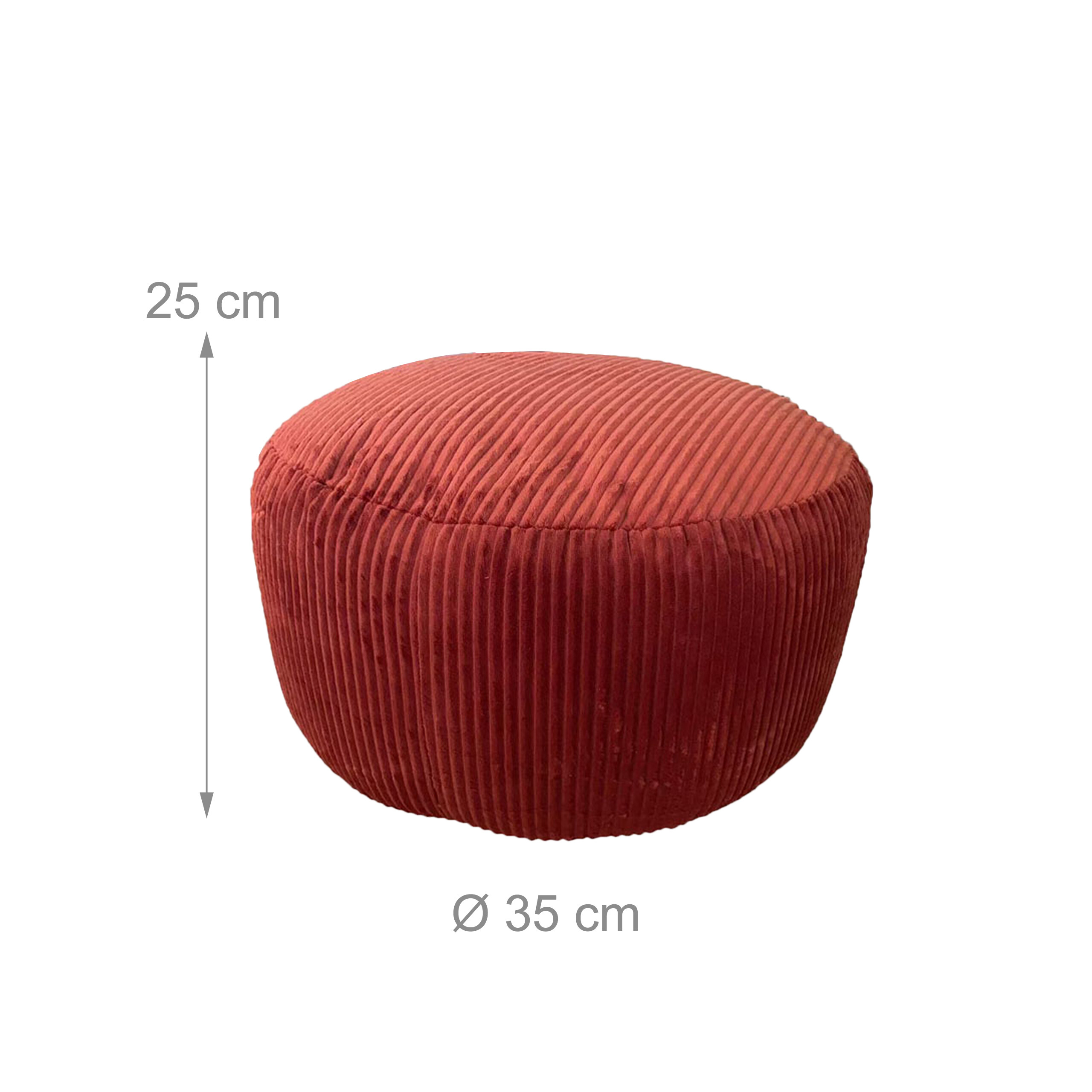 Ein roter Kord-Sitzhocker, 25 cm hoch und 35 cm im Durchmesser, auf weißem Hintergrund.