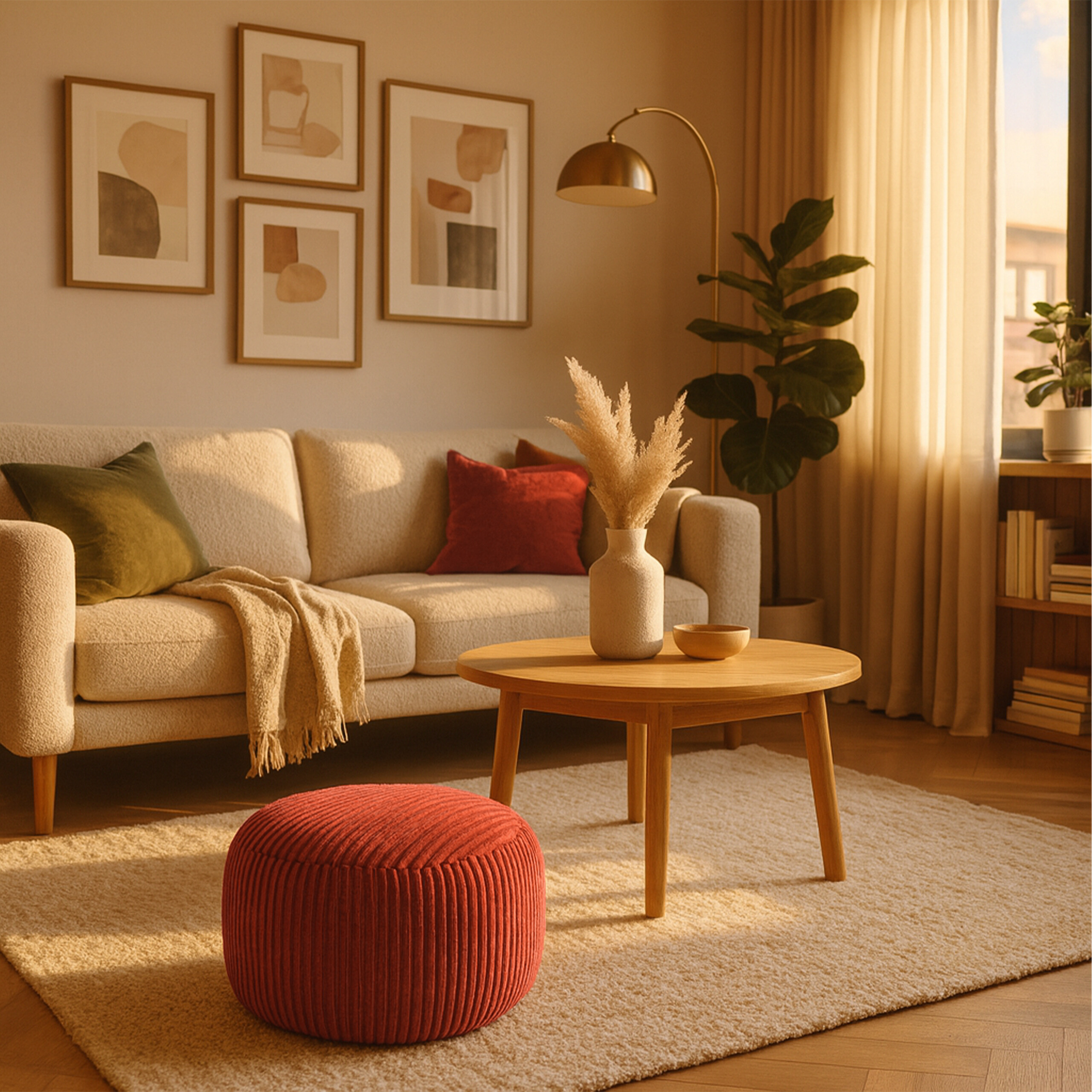 Gemütliches Wohnzimmer mit hellem Sofa, rotem Pouf, Holz-Couchtisch und gerahmten abstrakten Kunstwerken an der Wand.