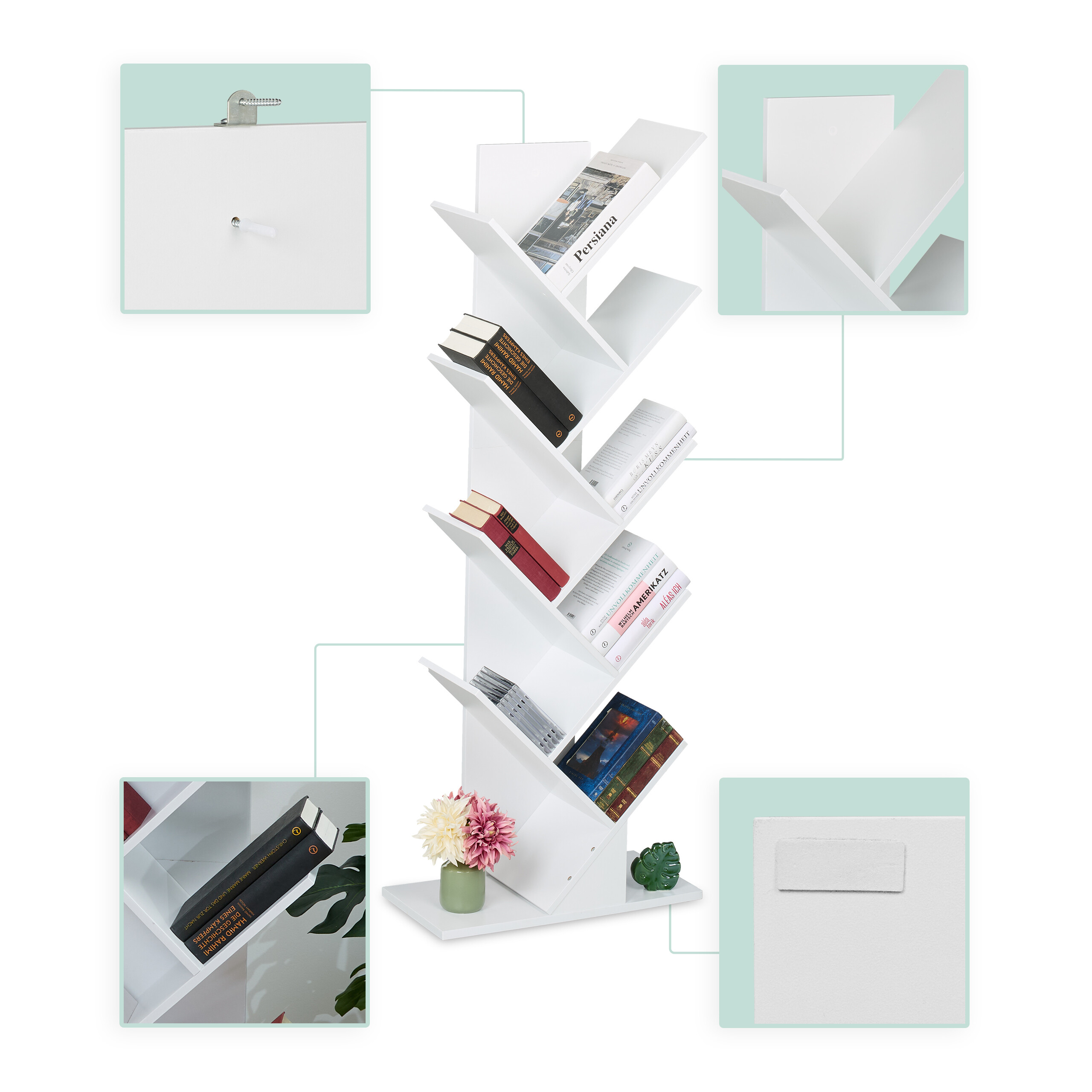 Weißes, baumartiges Bücherregal mit horizontalen Einlagen, Büchern, Deko und Detailaufnahmen von Montageteilen.