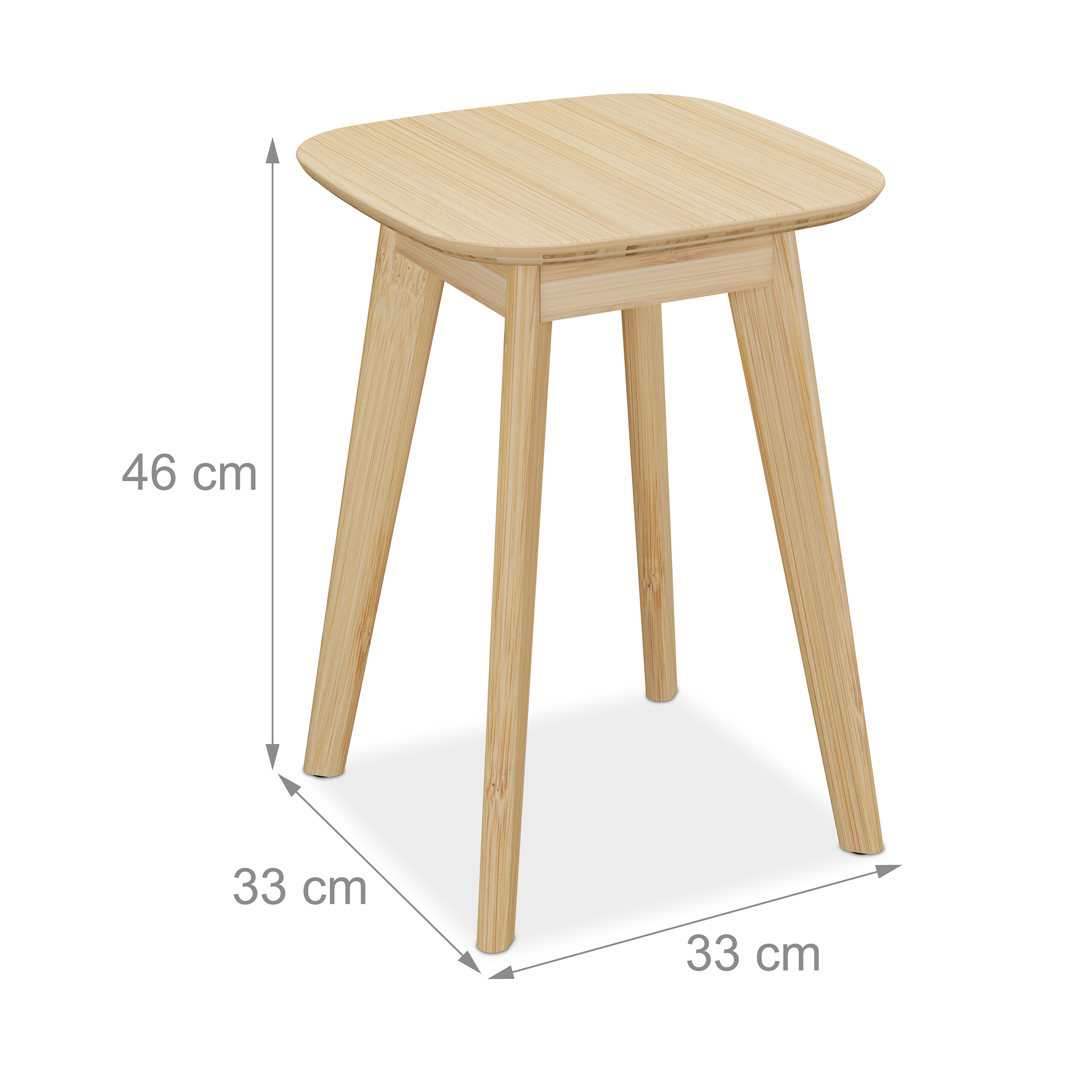Ein hölzerner Hocker mit Maßen von 46 cm Höhe und 33 cm Breite.