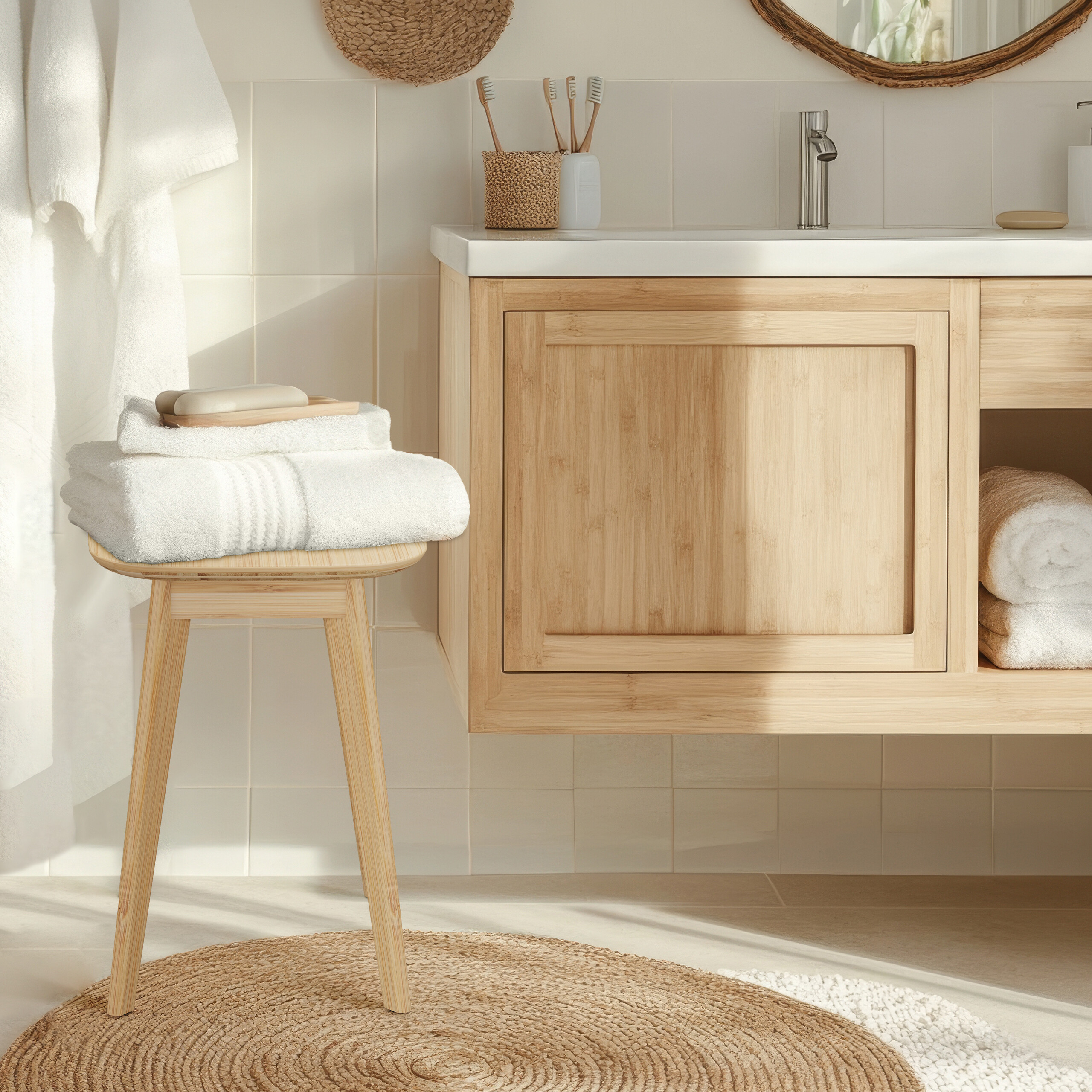 Badezimmer mit Holzwaschbecken, Stuhl mit weißen Handtüchern und einer runden Jute-Fußmatte auf dem Boden.