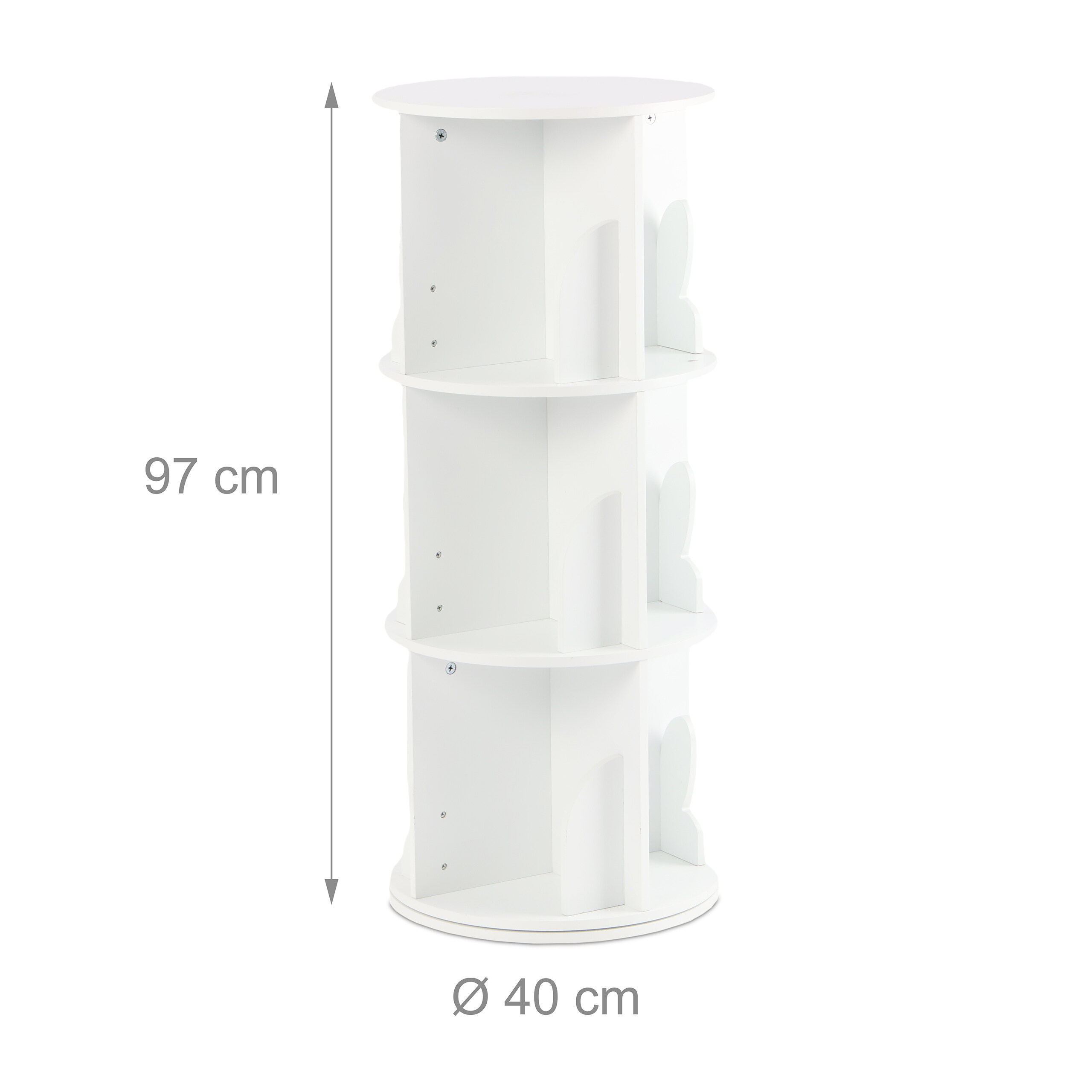 Weißes, drehbares 3-stöckiges Regal, 97 cm hoch und 40 cm im Durchmesser.